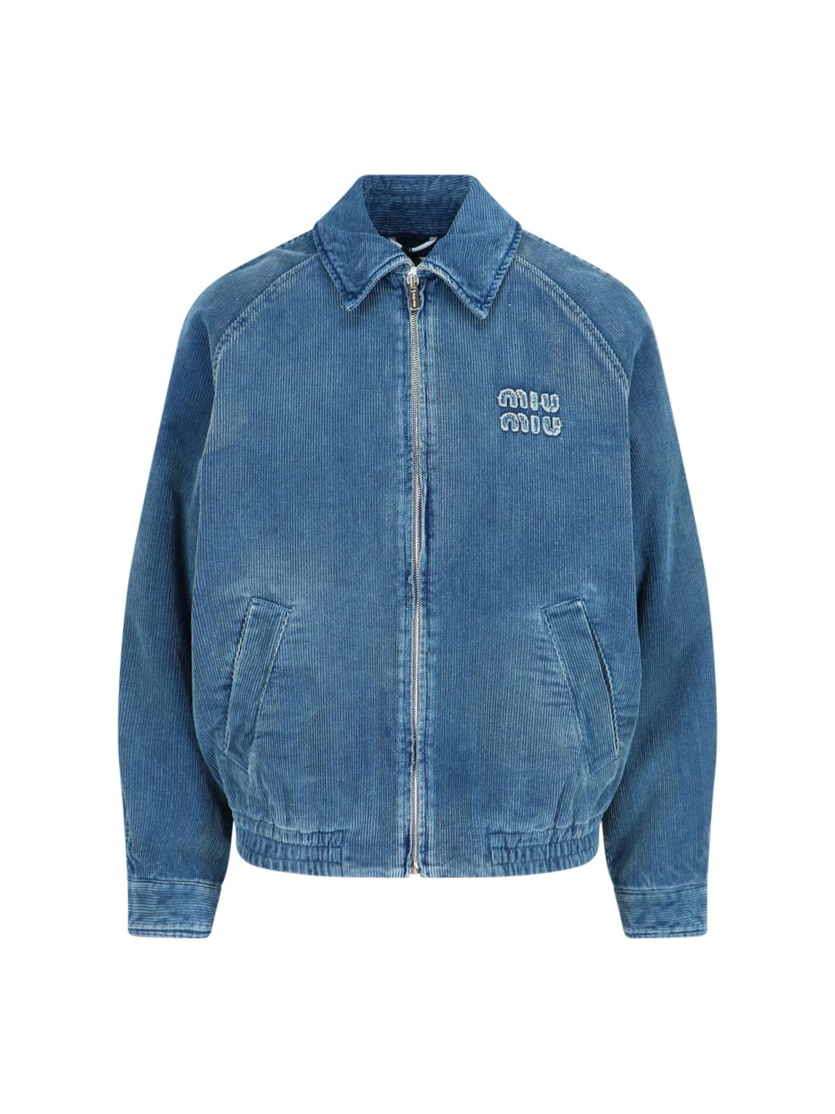 Miu Miu Denim Zip Bomber Jacket in Blue | Lyst Miu Miu Denim Zip Bomber Jacket in Blue | Lyst