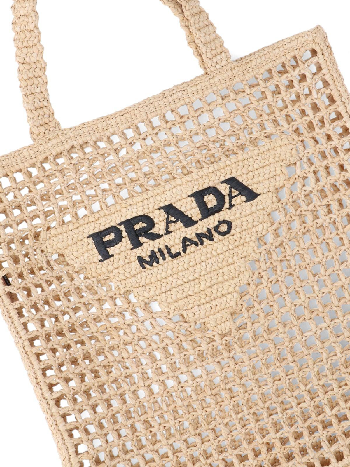 Prada Logo Raffia Tote Bag in Natural