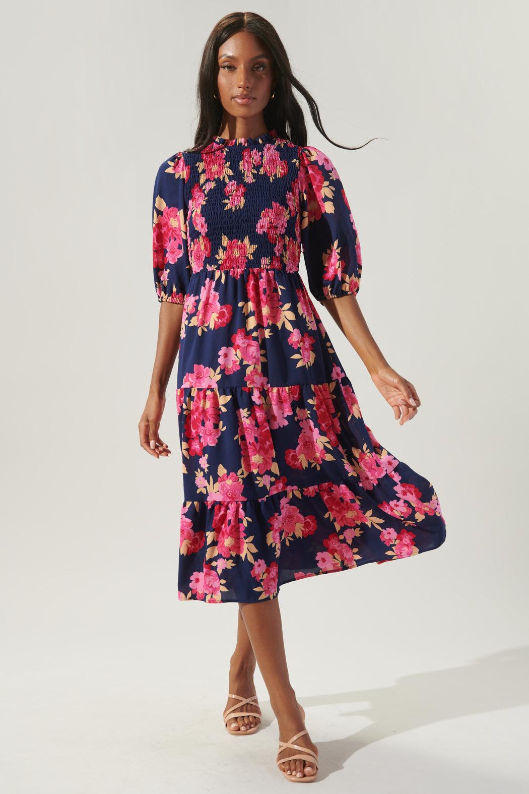 Sugarlips Maeve Floral Frazier Smocked Tiered Midi Dress | Lyst