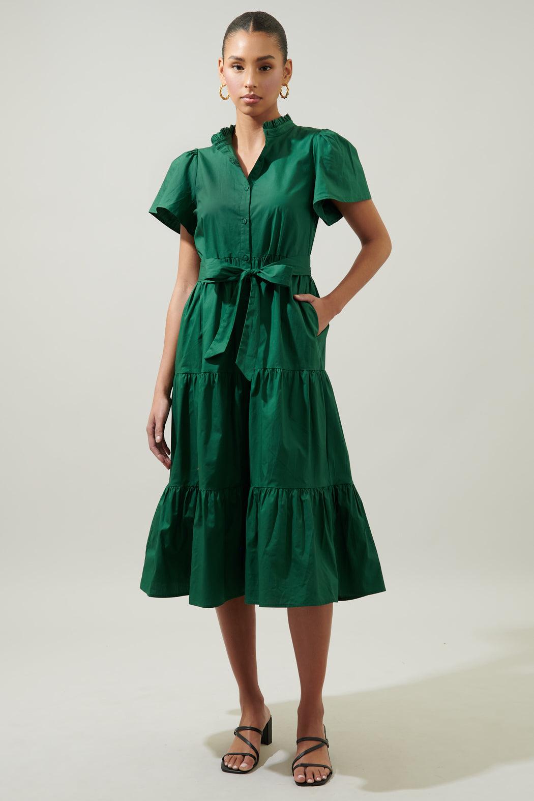 Sugarlips Bellucci Poplin Button Front Tiered Midi Dress in Green | Lyst