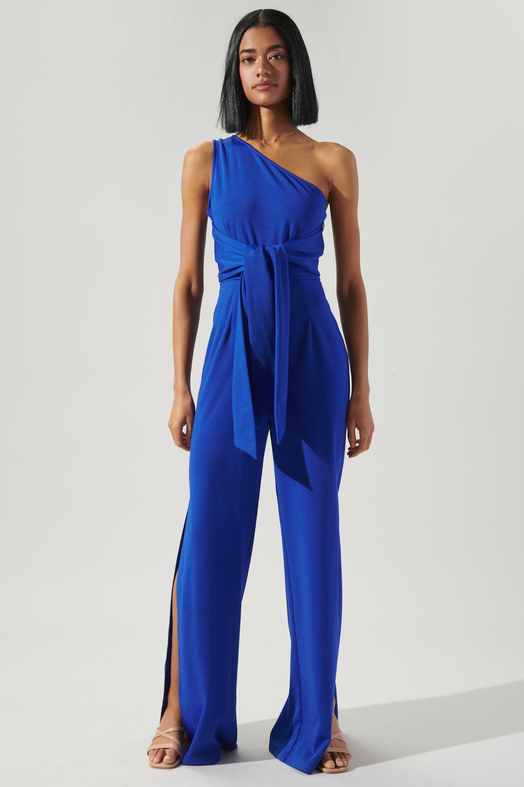 blue split leg jumpsuit