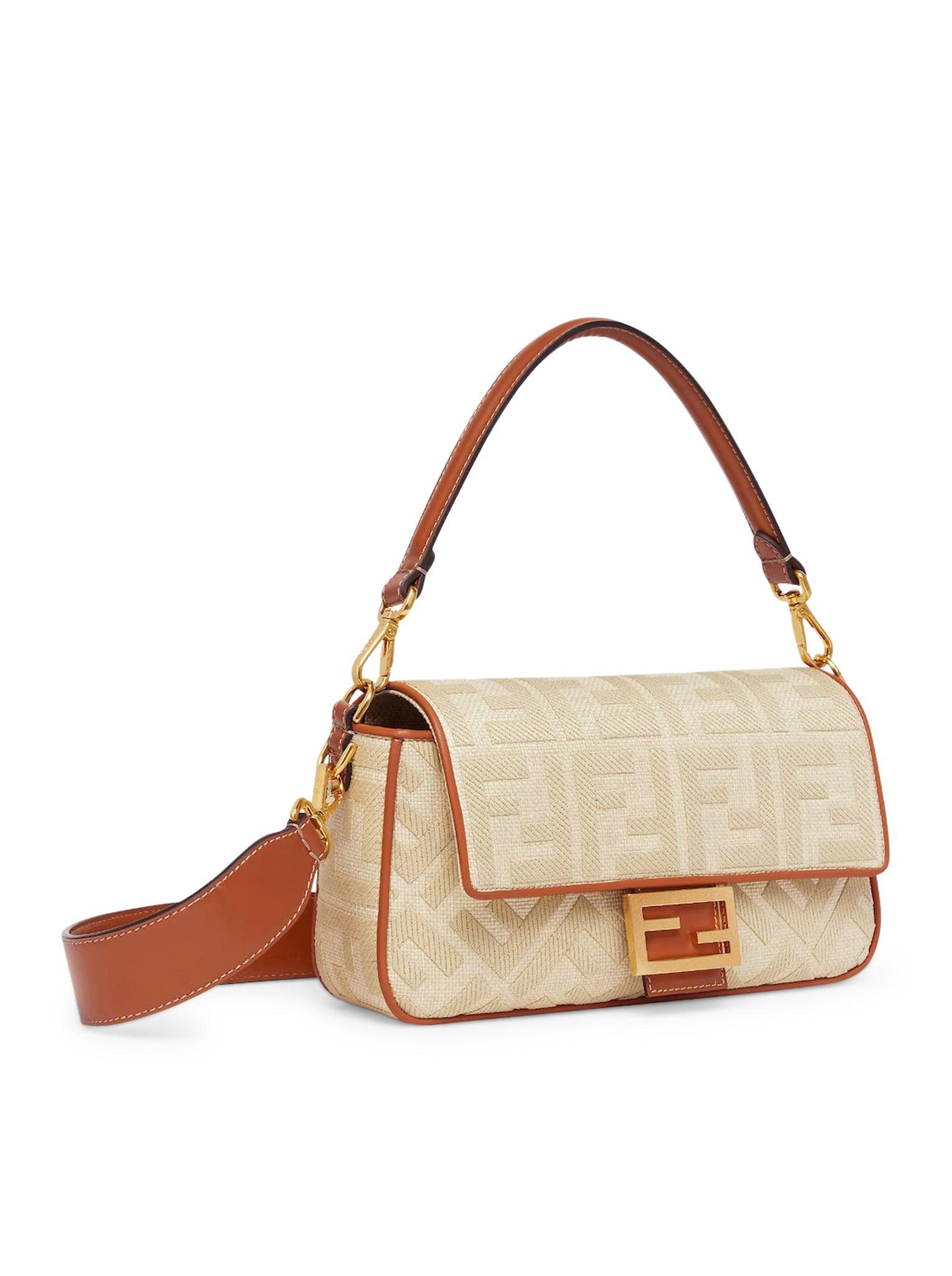Fendi Natural Straw Baguette Bag With Ff Embroidery in Metallic