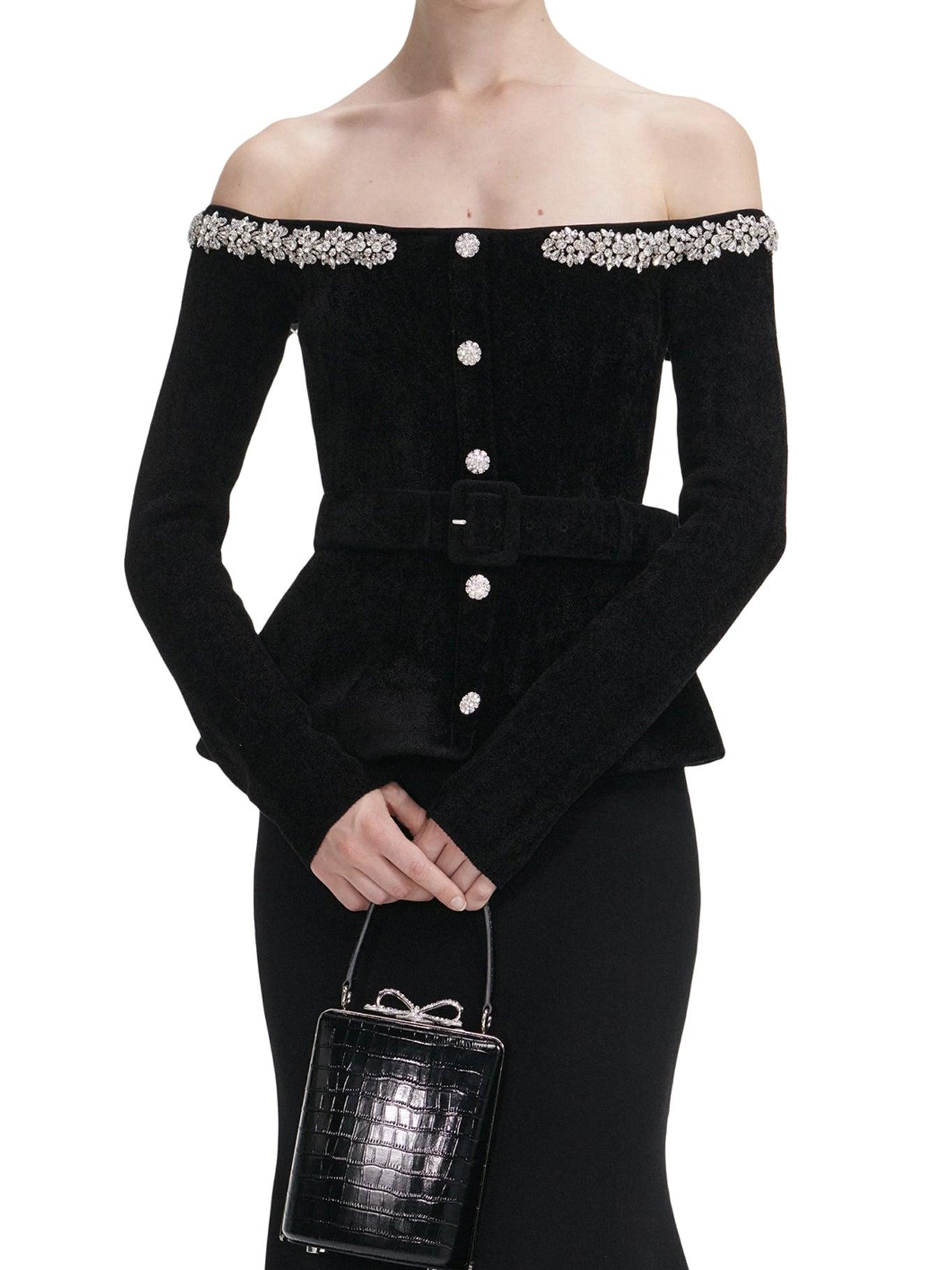 black chenille knit midi dress Self-Portrait Crystal Trim in Self portrait