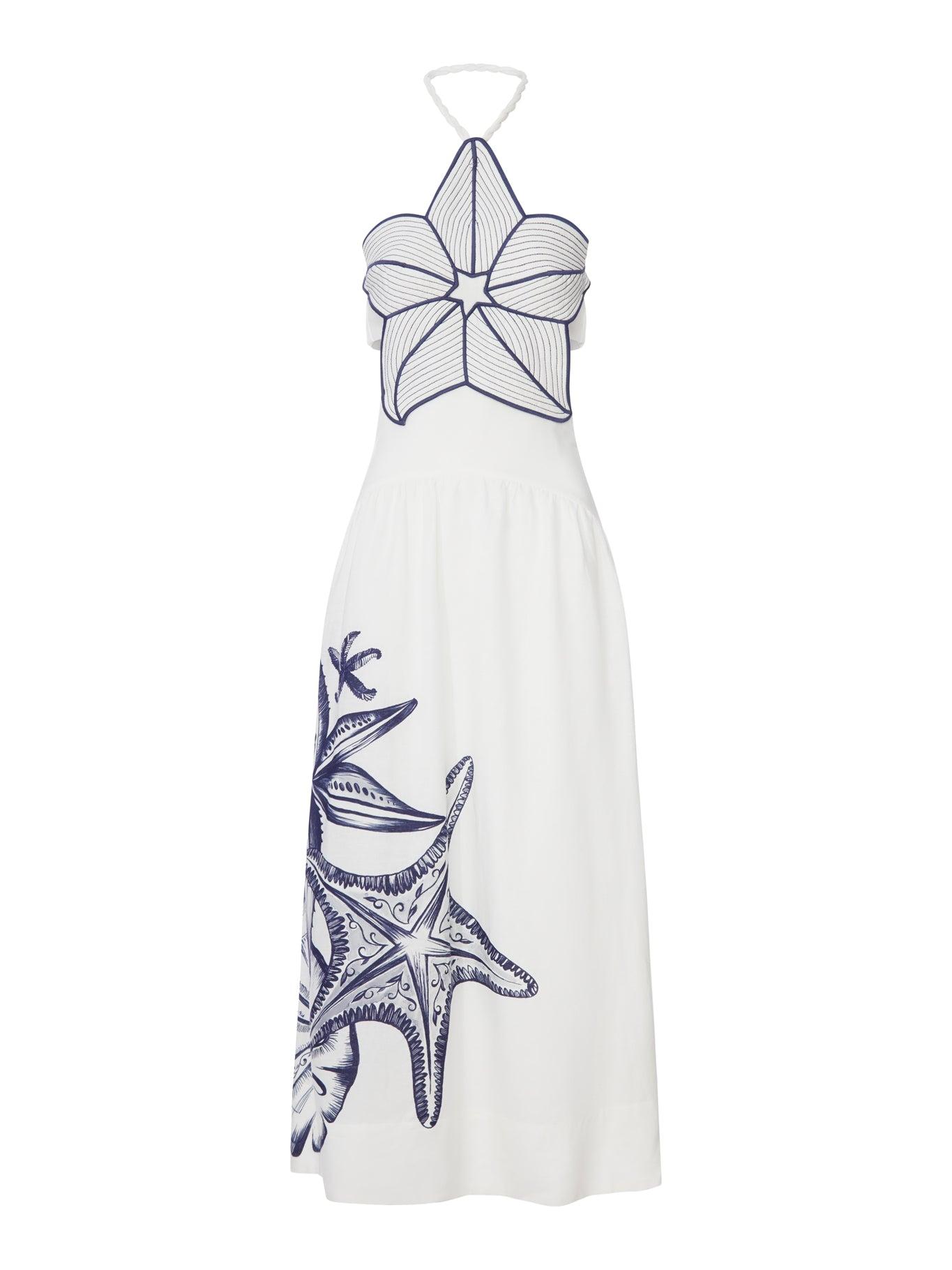 FARM Rio Long Halter Dress With Marine Print in White | Lyst