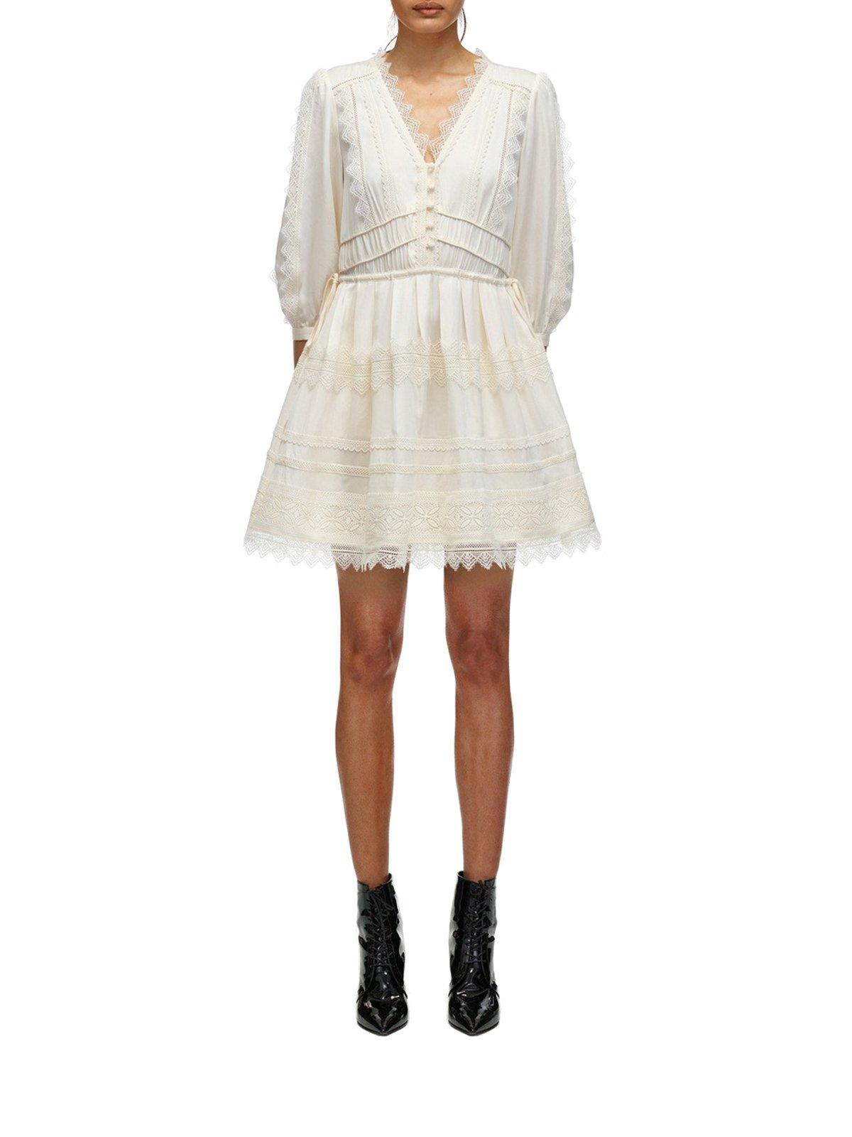 Self-Portrait Ivory Lace Trimmed Mini Dress in White | Lyst UK