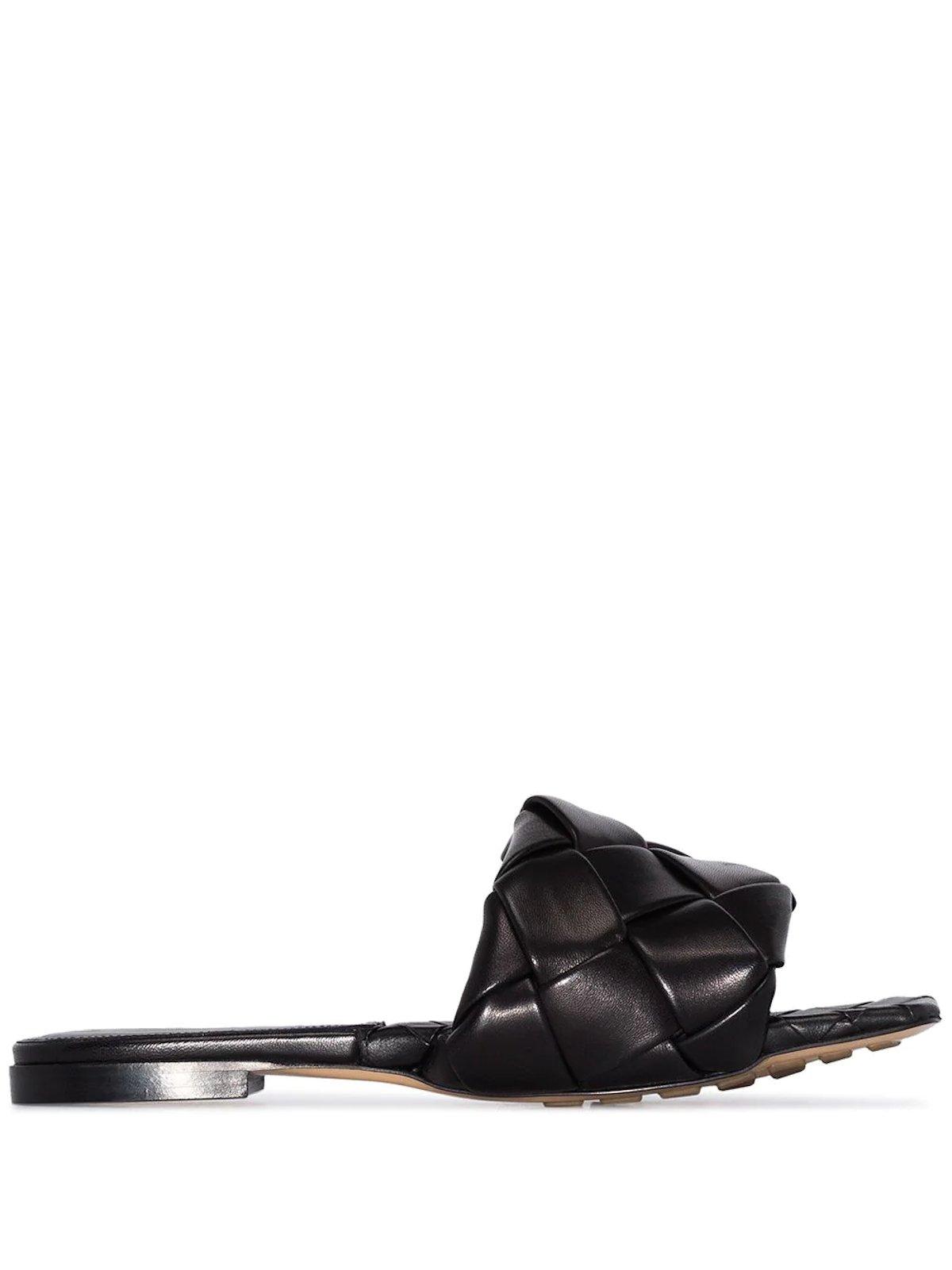 Bottega Veneta Leather Flat Woven Sandals in Black - Lyst