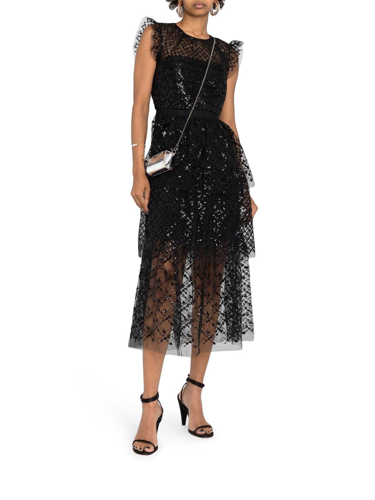 Self-Portrait Black Grid Sequin Tiered Midi Dress | Lyst