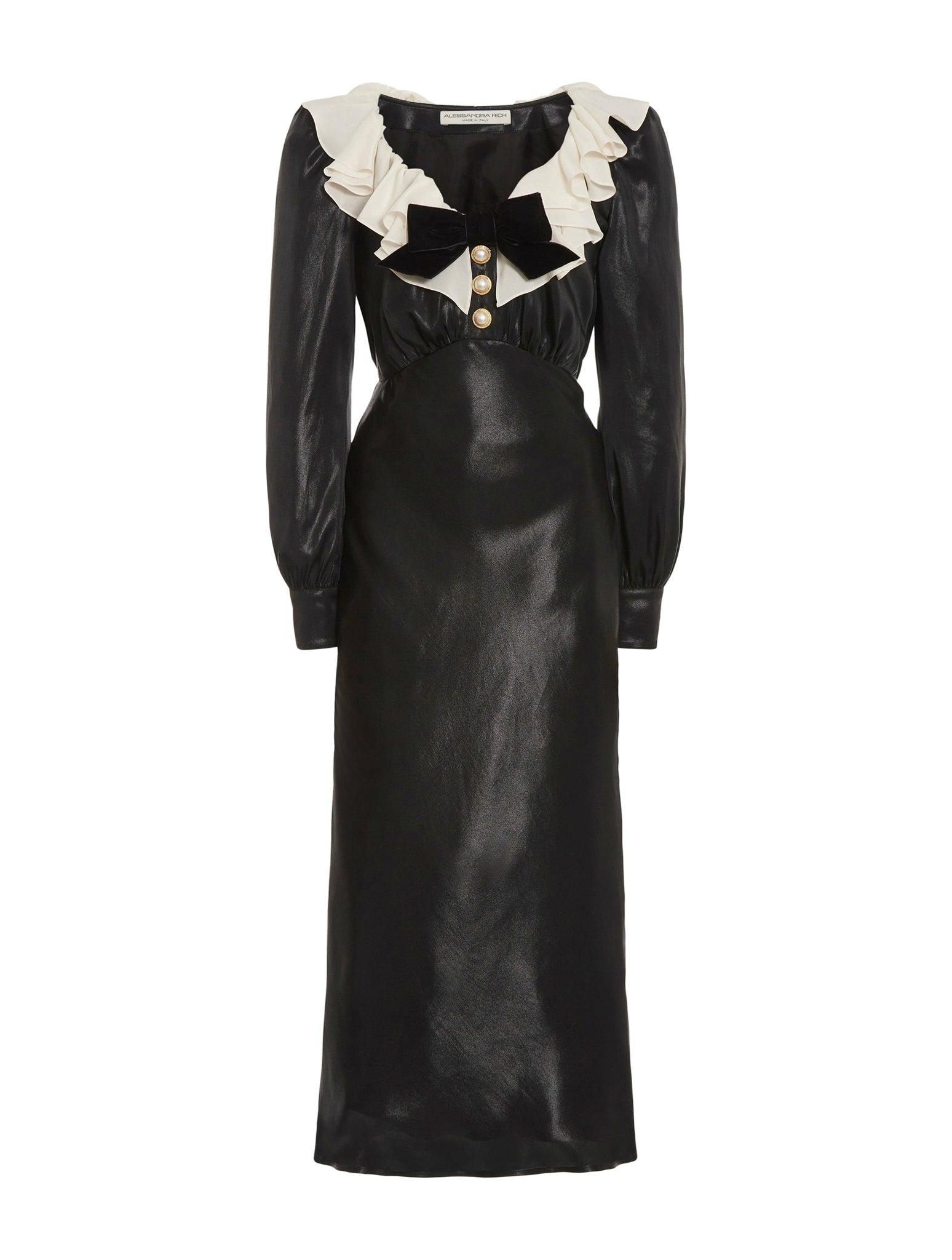 Alessandra Rich Laminated Silk Dress With Volant Collar in Black | Lyst ...