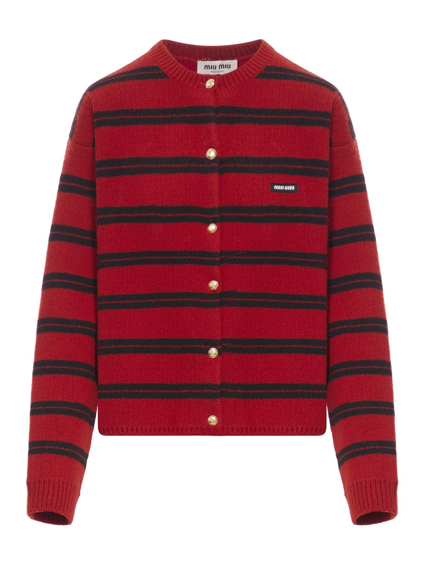 Miu Miu Striped Wool Cardigan in Red | Lyst