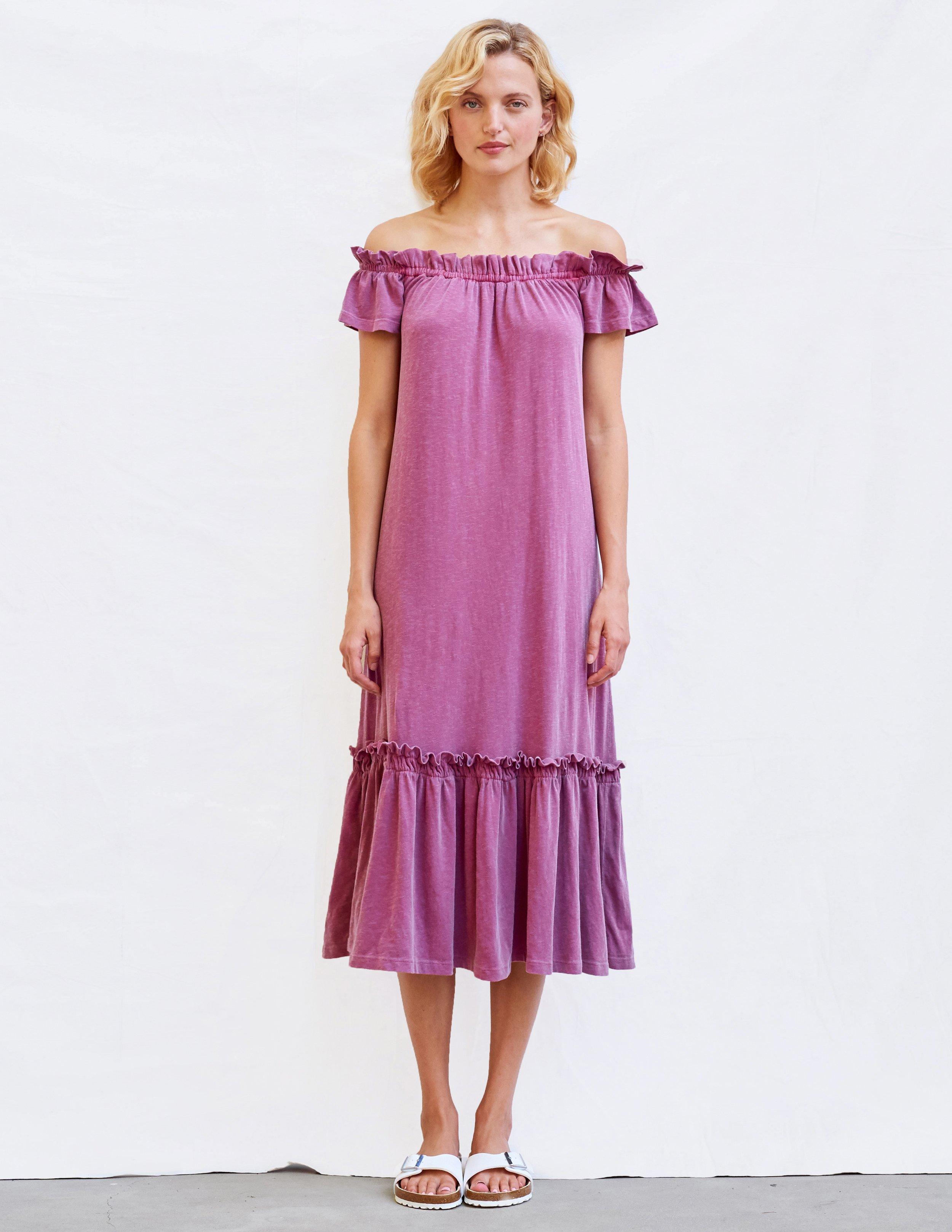 purple off the shoulder maxi dress