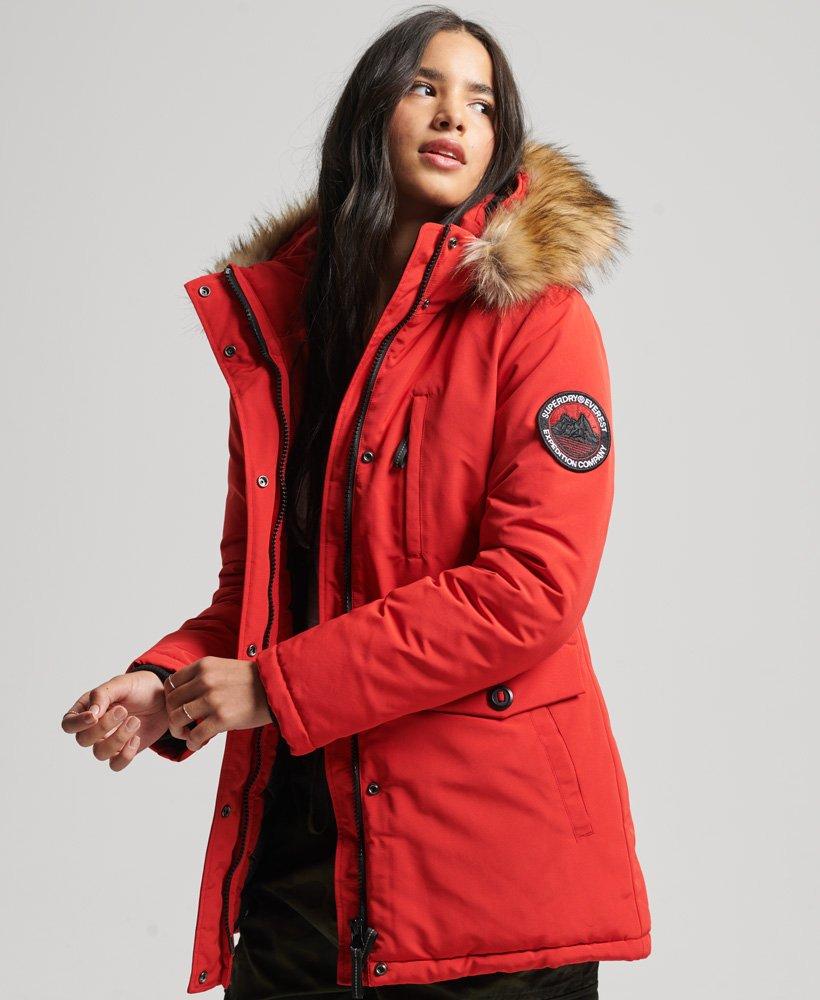 Superdry Hooded Everest Faux Fur Parka Coat in Red | Lyst