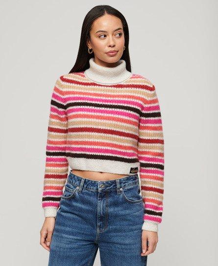 Superdry Stripe Cropped Roll Neck Jumper White Ecru Stripe