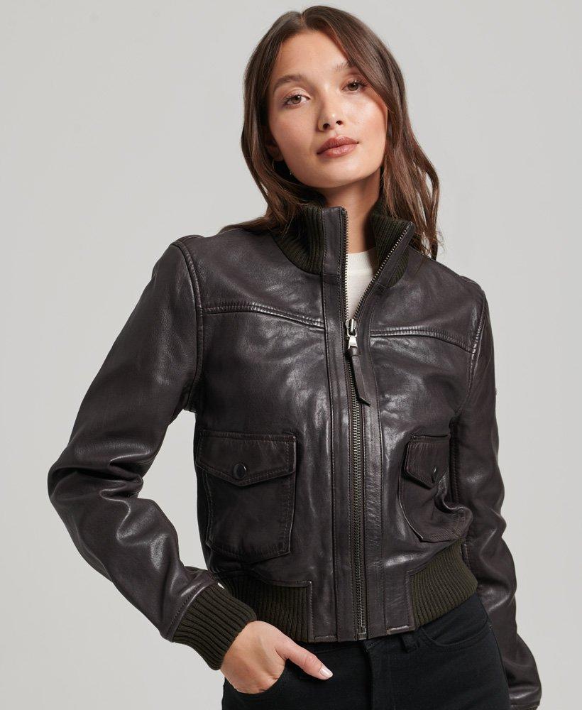 Superdry Knit Collar Leather Bomber Jacket Brown / Chocolate Brown in Gray  | Lyst