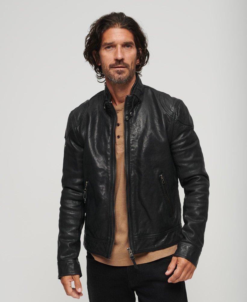 Superdry Leather Racer Jacket in Gray for Men | Lyst