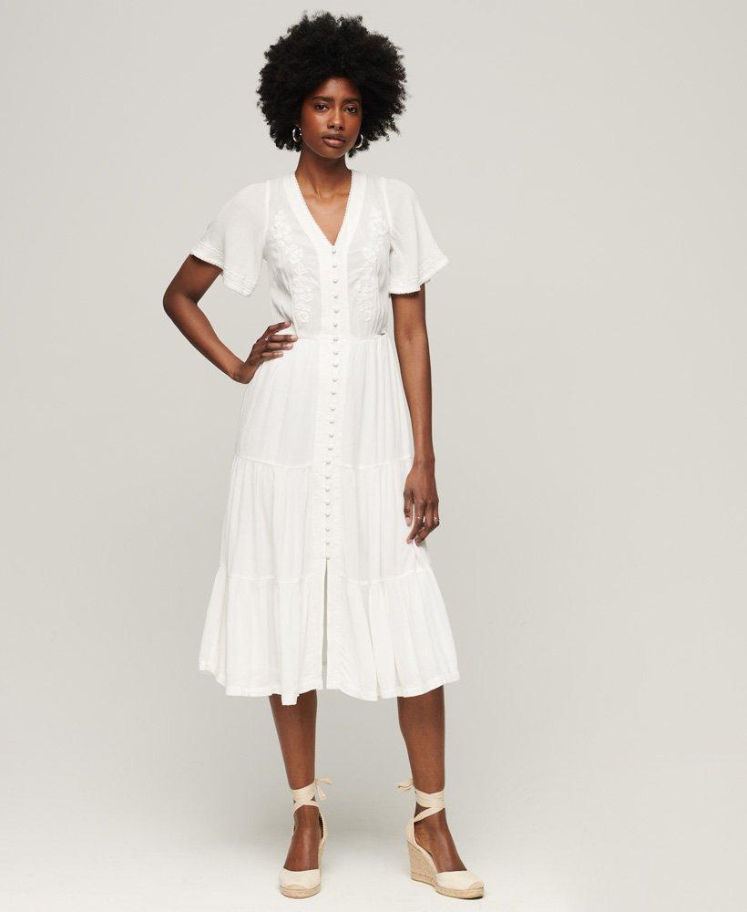 Superdry Embroidered Tiered Midi Dress White in Natural | Lyst
