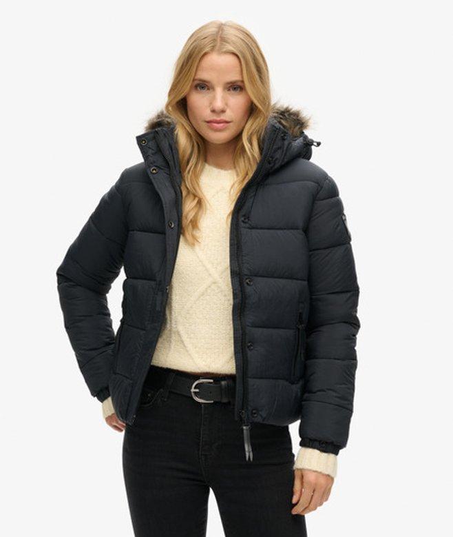 Superdry Faux Fur Short Hooded Puffer Jacket in Black Lyst UK