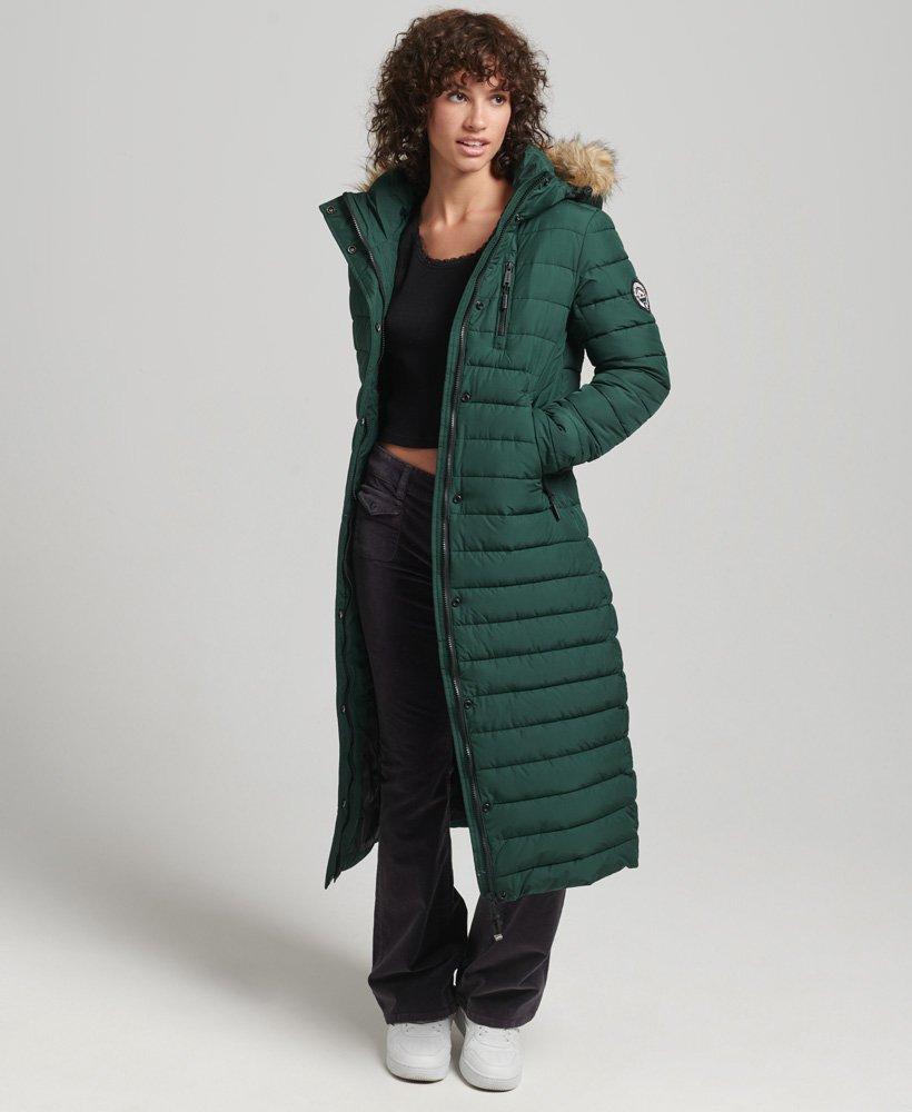 Superdry Faux Fur Hooded Longline Light Padded Puffer Coat Green / Enamel  Green | Lyst