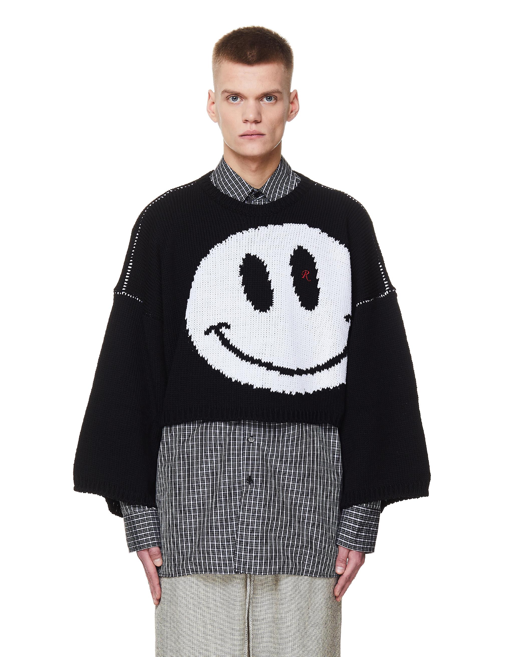 Raf Simons Wool Smiley Face Jacquard Oversized Sweater in Black 