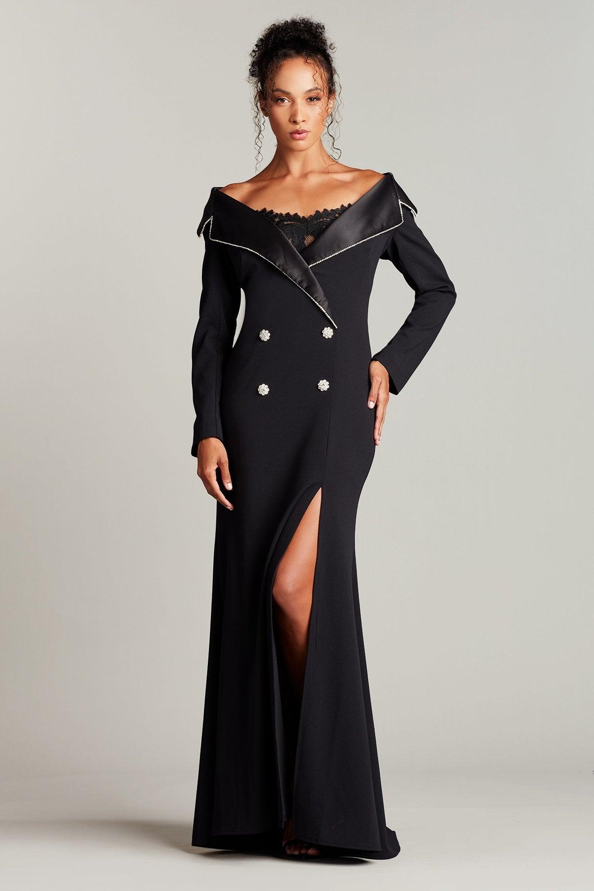 long tuxedo dress Ivory Cady Gown with Velvet Lapel and Bow Crafted from knit crepe fabric with some stretch for a comfortable fit Designer Tuxedo Dresses for Women