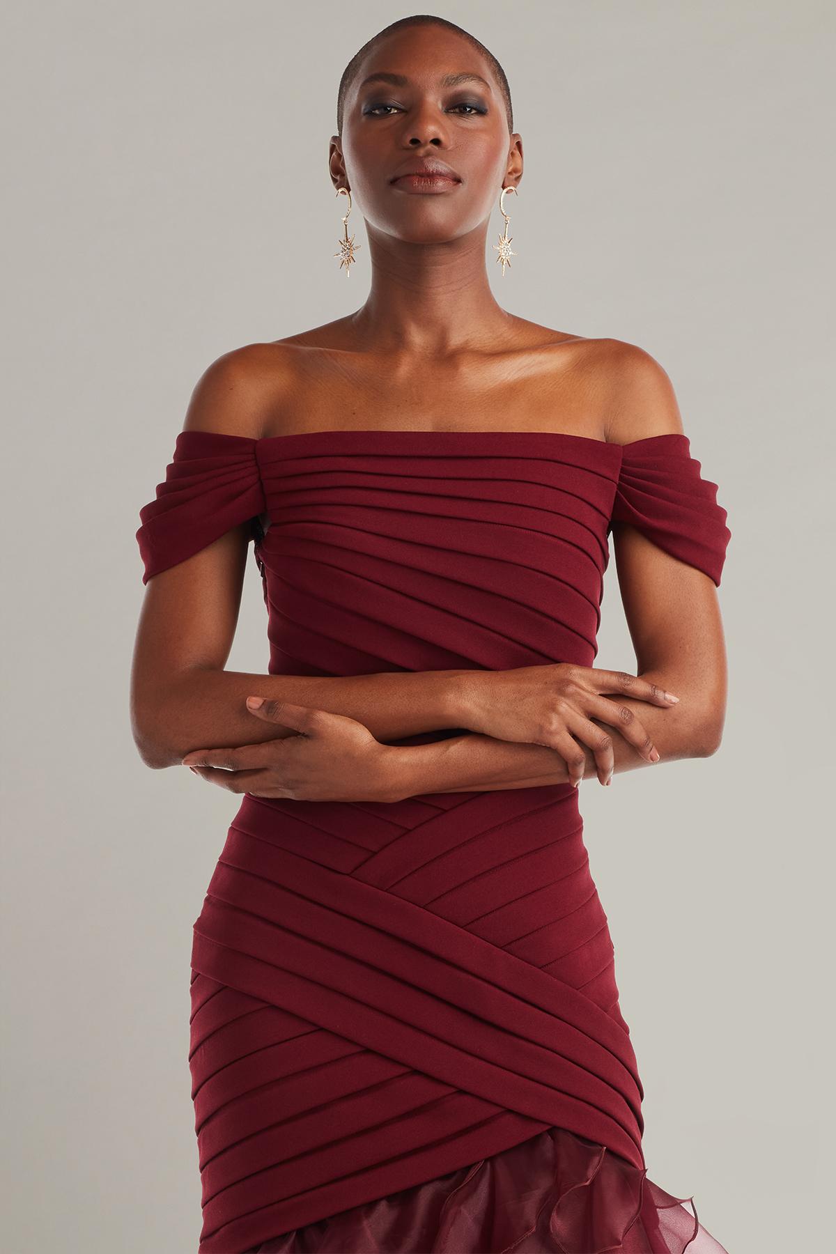 lace top pleated midi dress Vionna Shutter-Pleated Crepe Gown