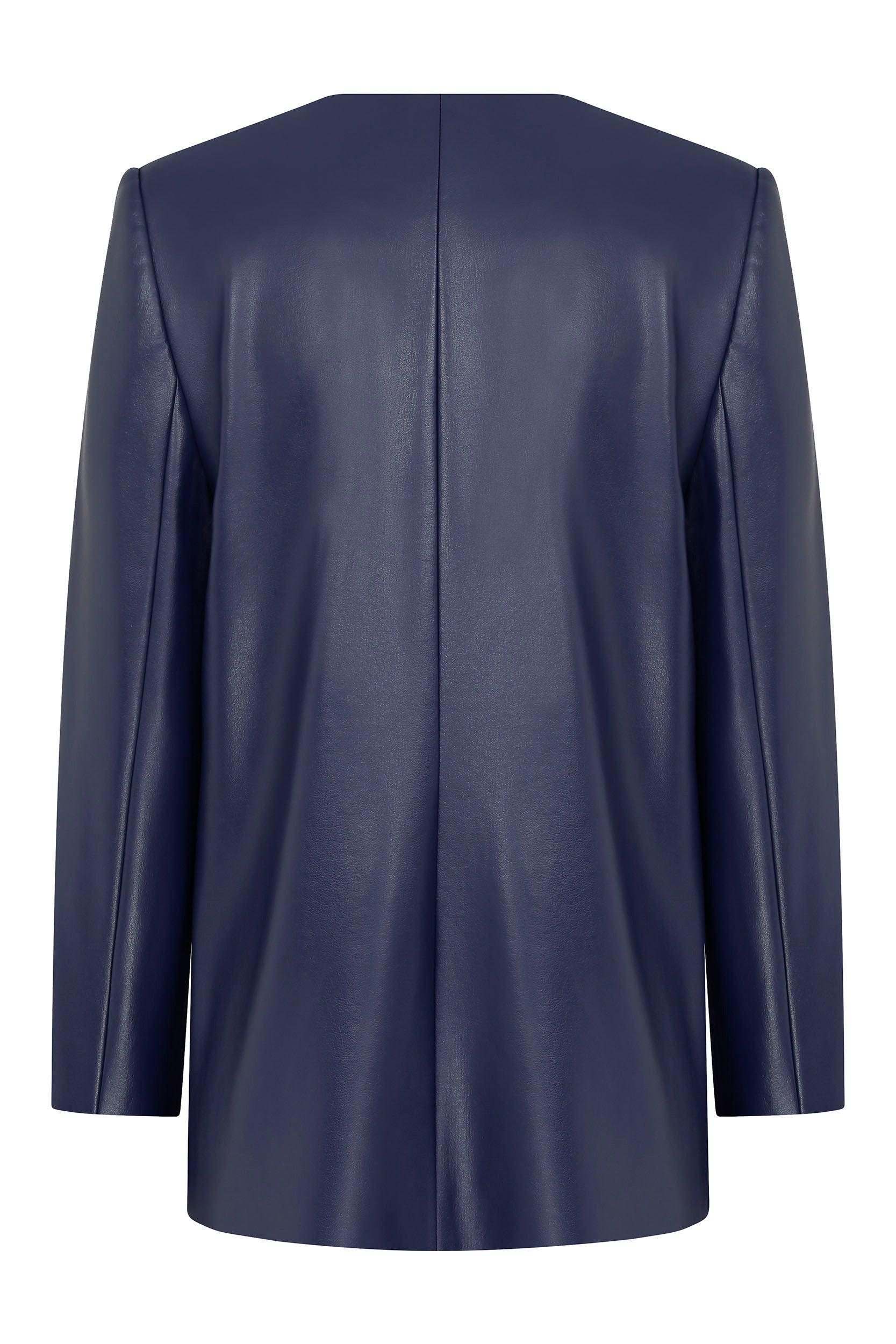 navy collarless leather jacket