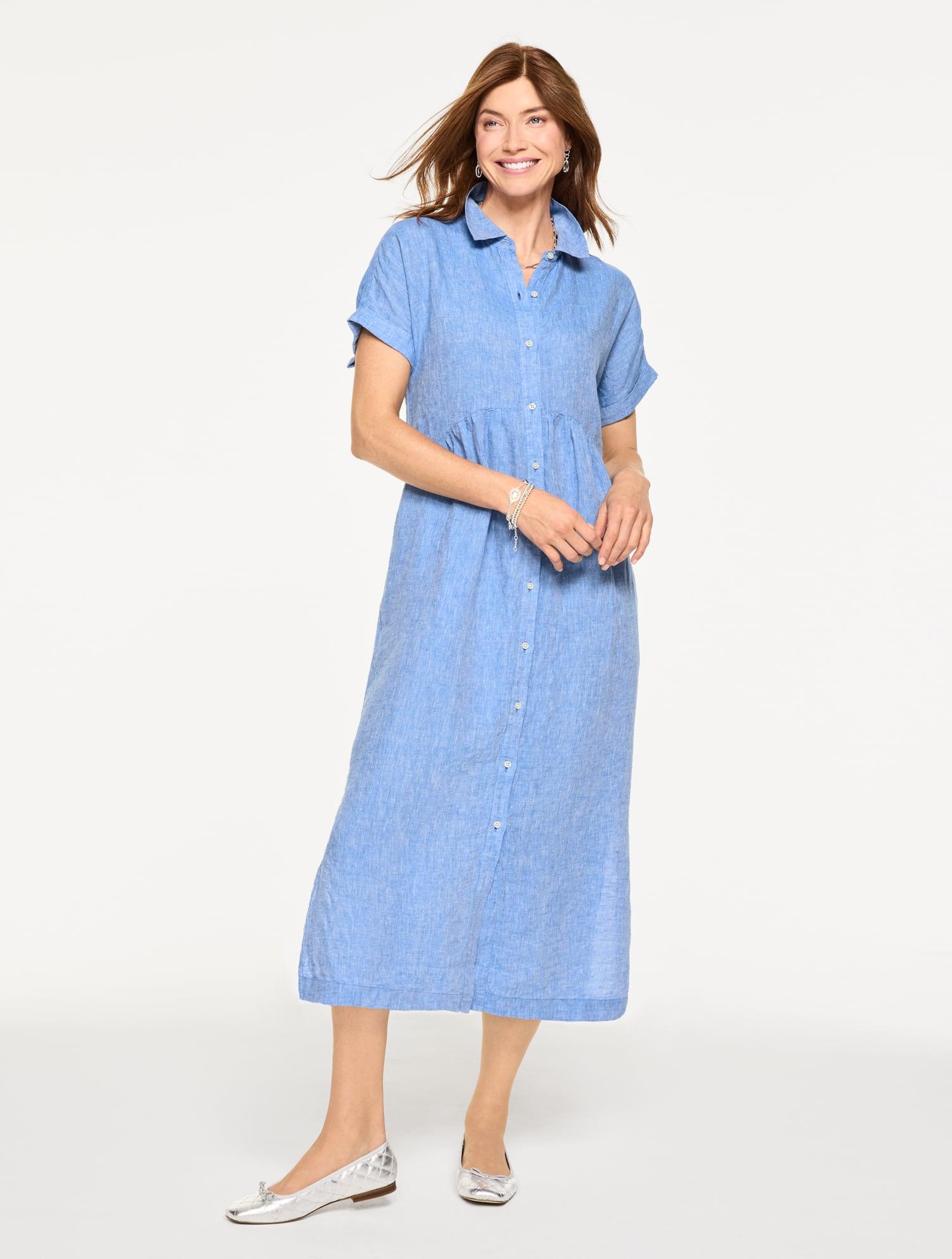 talbots linen dresses Talbots Dress Womens 18W 100% Linen Blue White Striped Maxi New Boho Beach