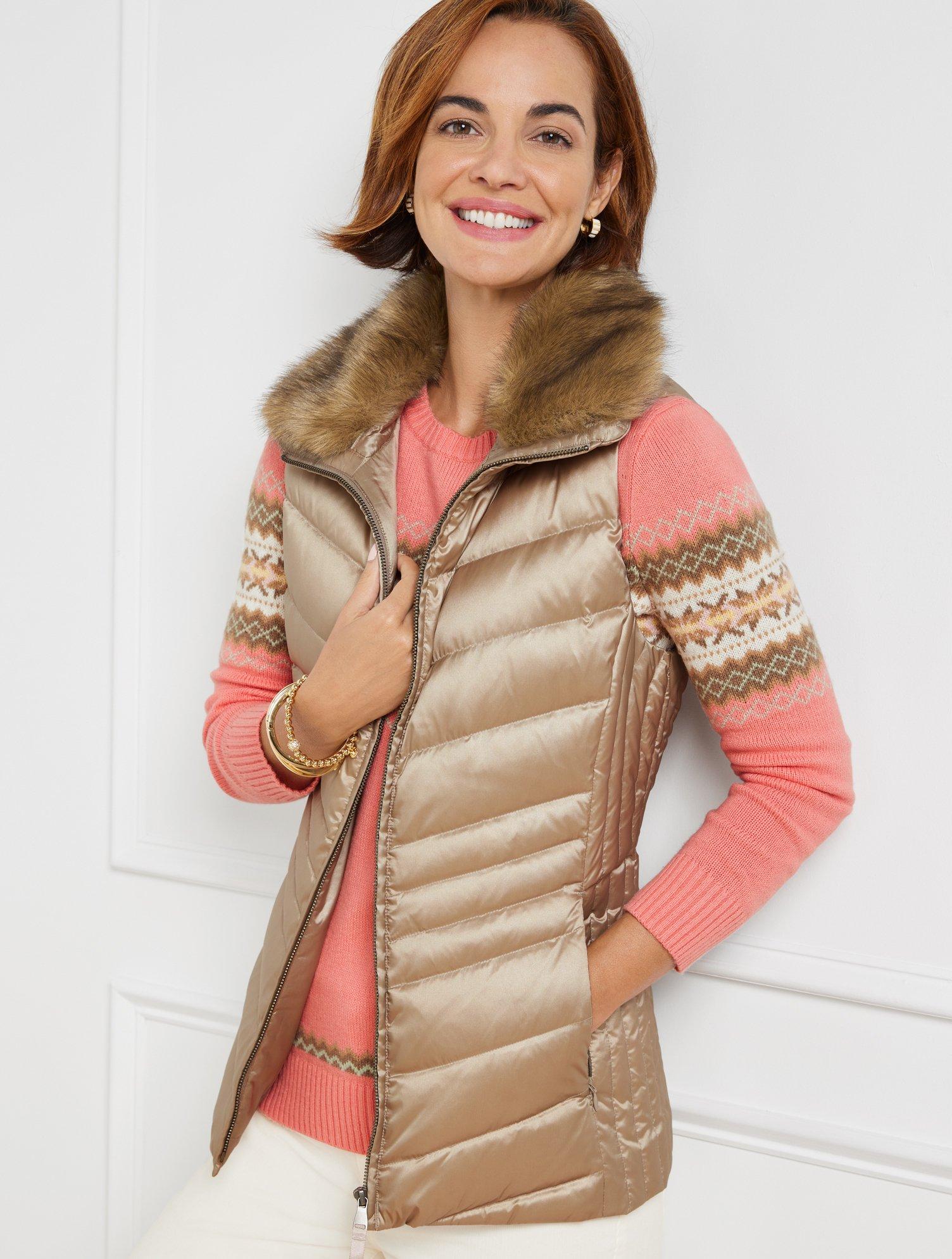 Talbots Faux Fur Collar Metallic Down Puffer Vest Lyst UK