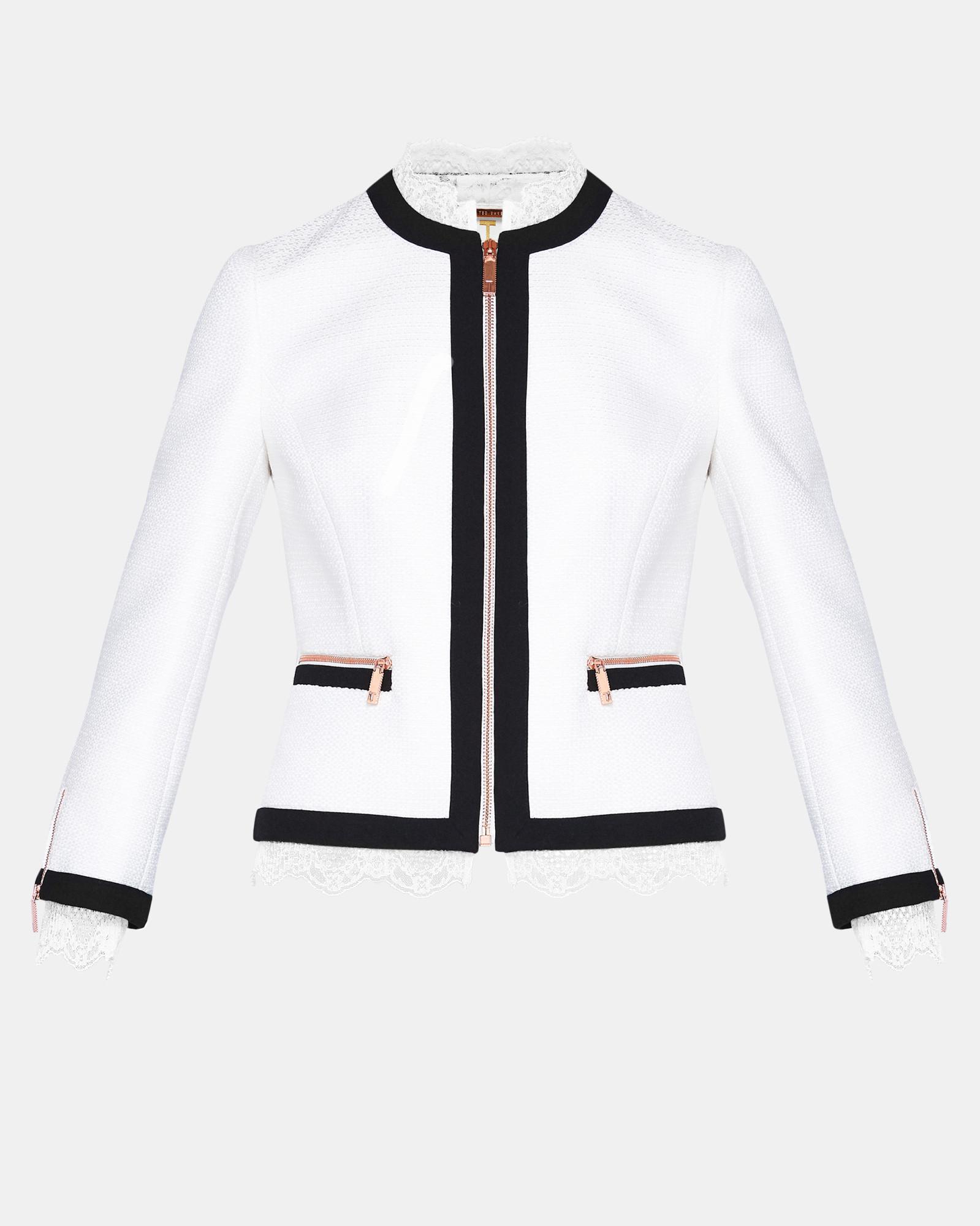 Ted Baker Lace Trim Cropped Jacket in White | Lyst