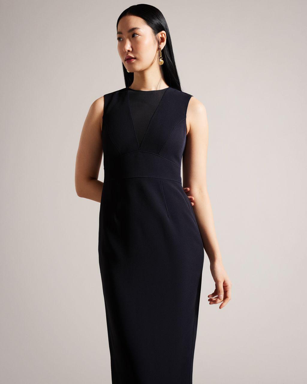 Ted Baker Midi Bodycon Dress With Sheer V-neck in Blue | Lyst