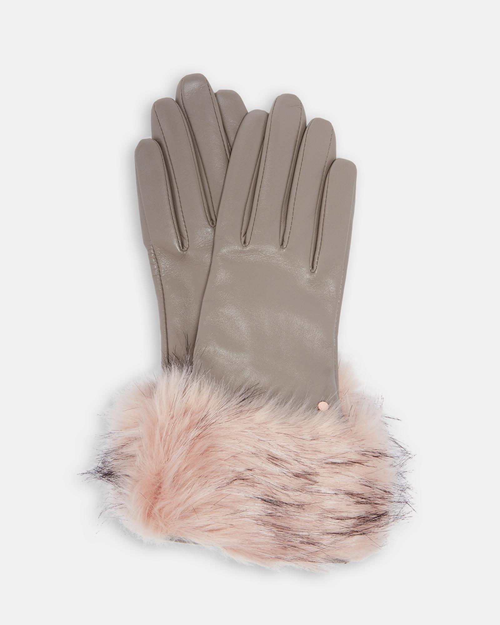 Ted Baker Leather Faux Fur Trim Gloves in Light Gray (Gray) - Lyst