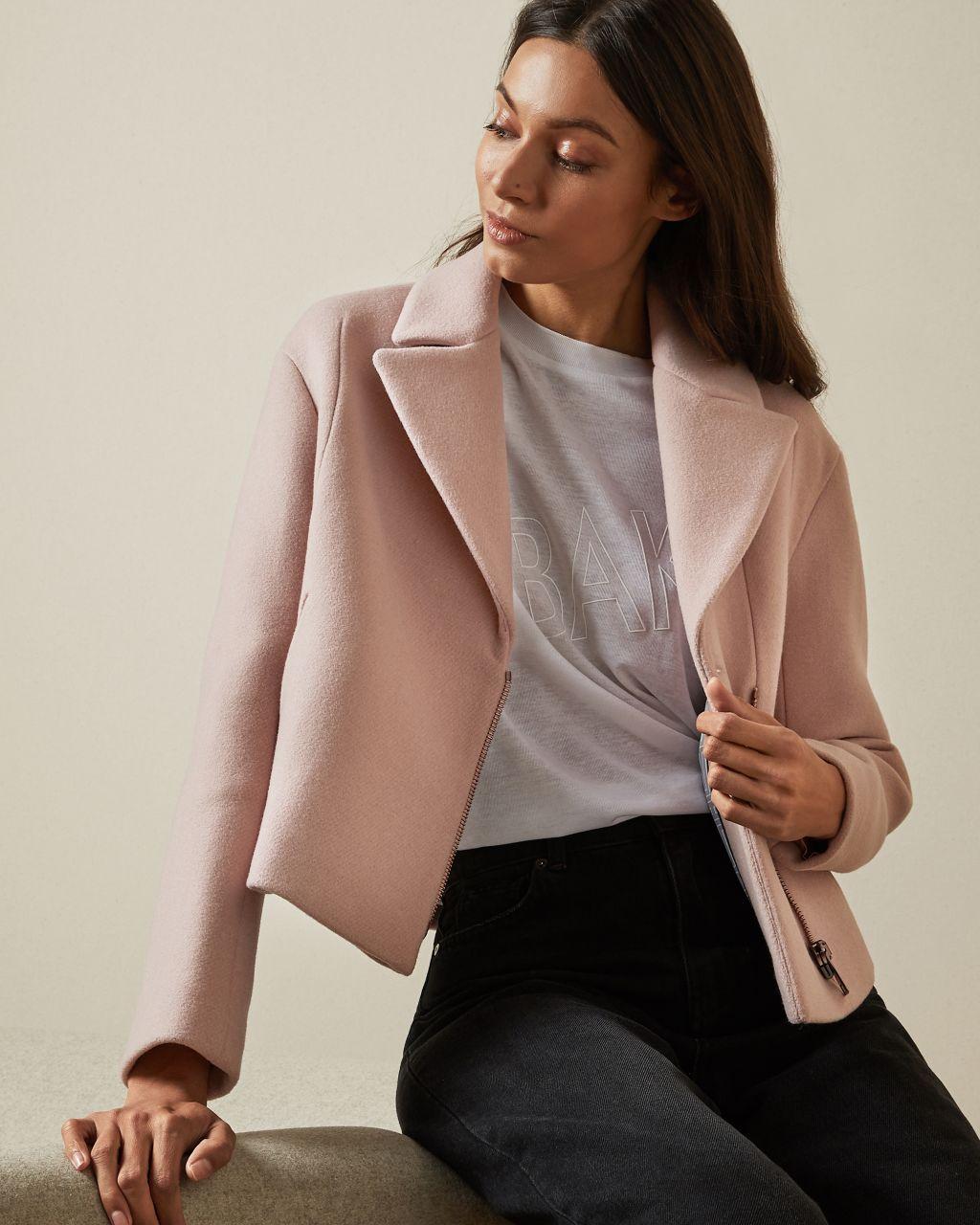 Ted Baker Cropped Wool Blend Biker Jacket in Pink | Lyst UK