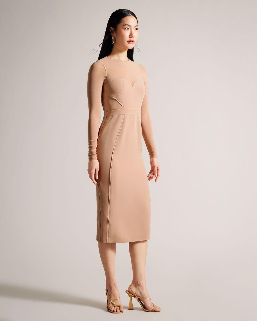 Ted Baker Bodycon Midi Dress With Sheer Sleeves in Pink | Lyst Canada