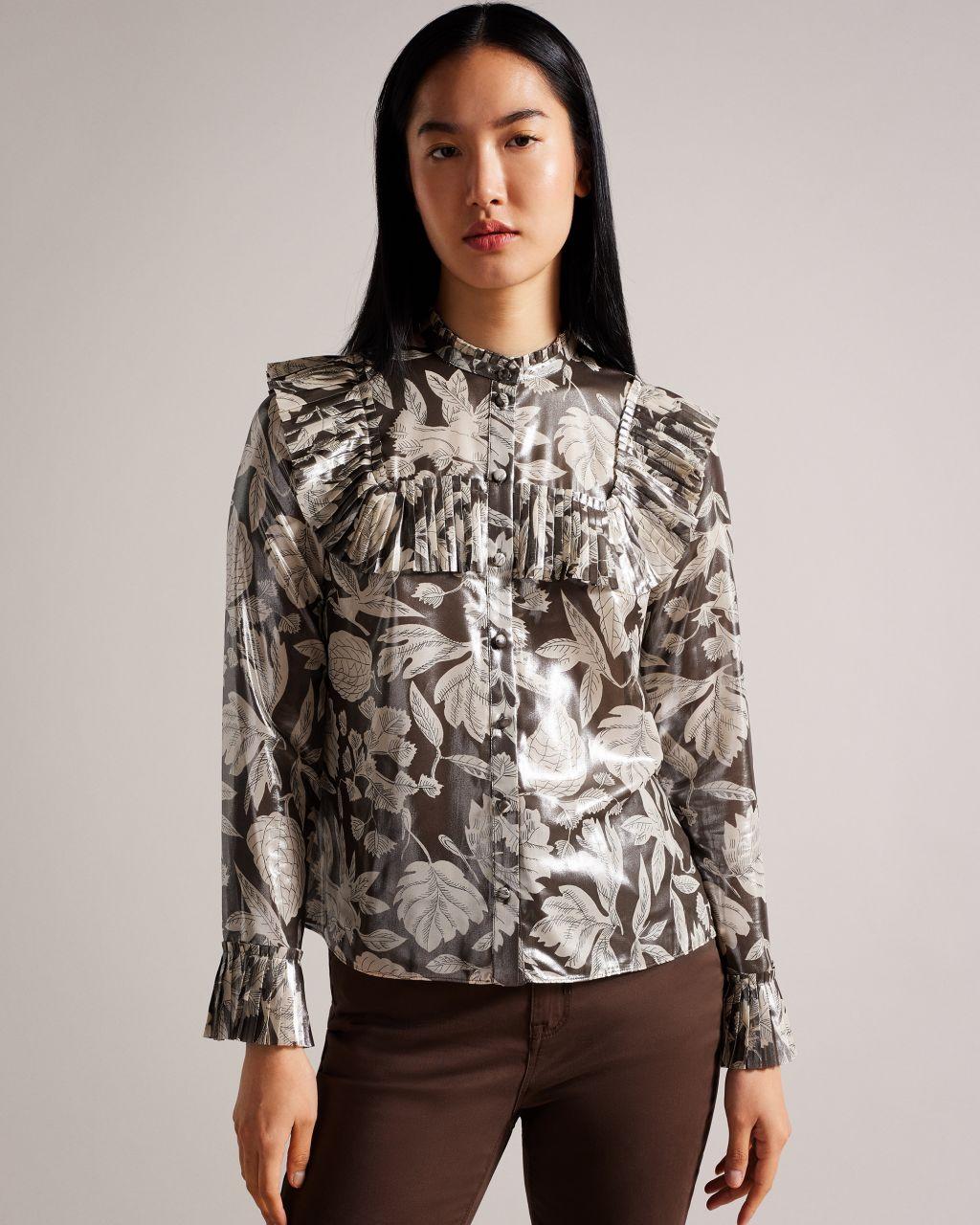 Ted Baker Blouse With Ruffle Bib Detail in Brown | Lyst