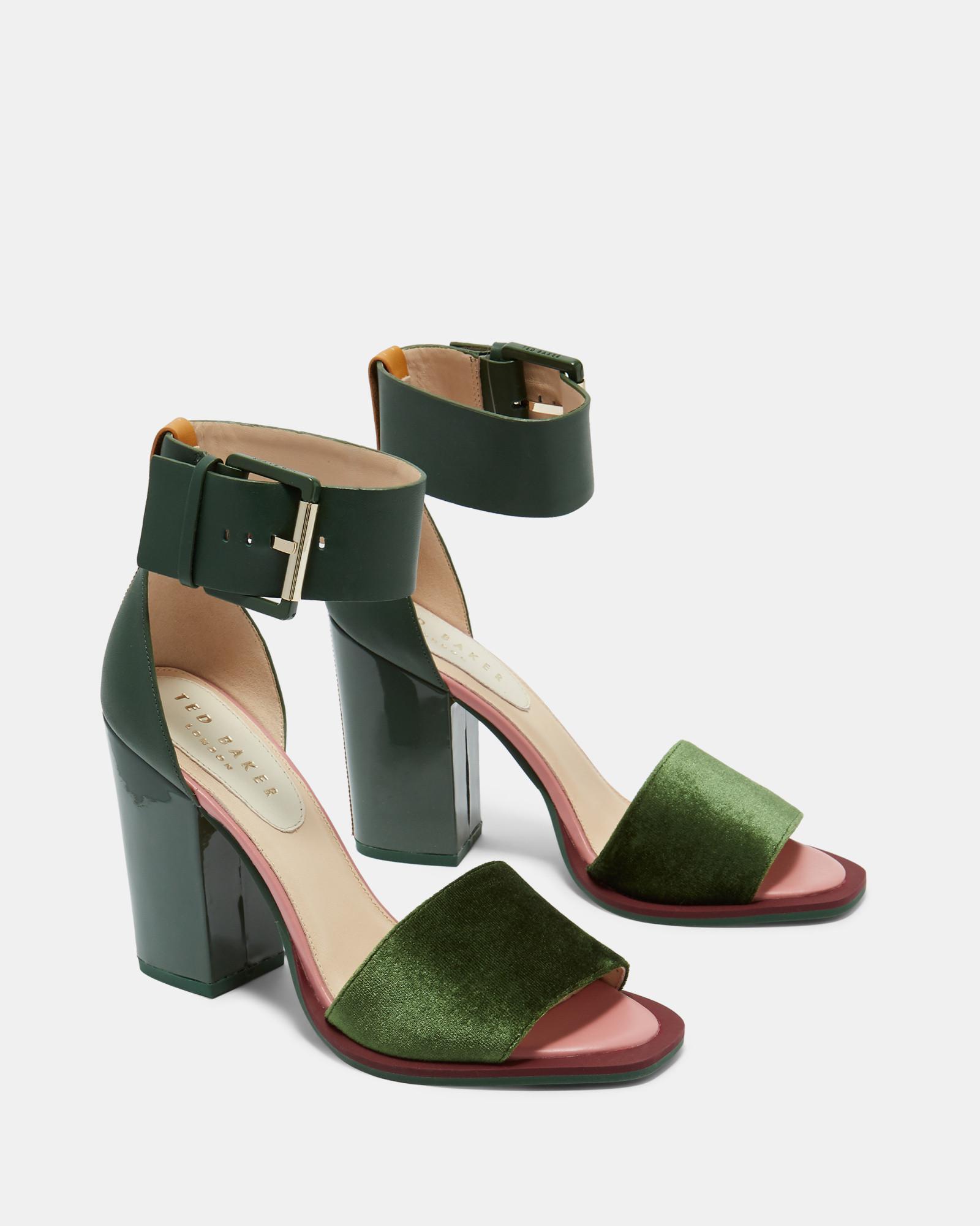 Ted Baker Velvet Block Heel Sandals in Dark Green (Green) - Lyst