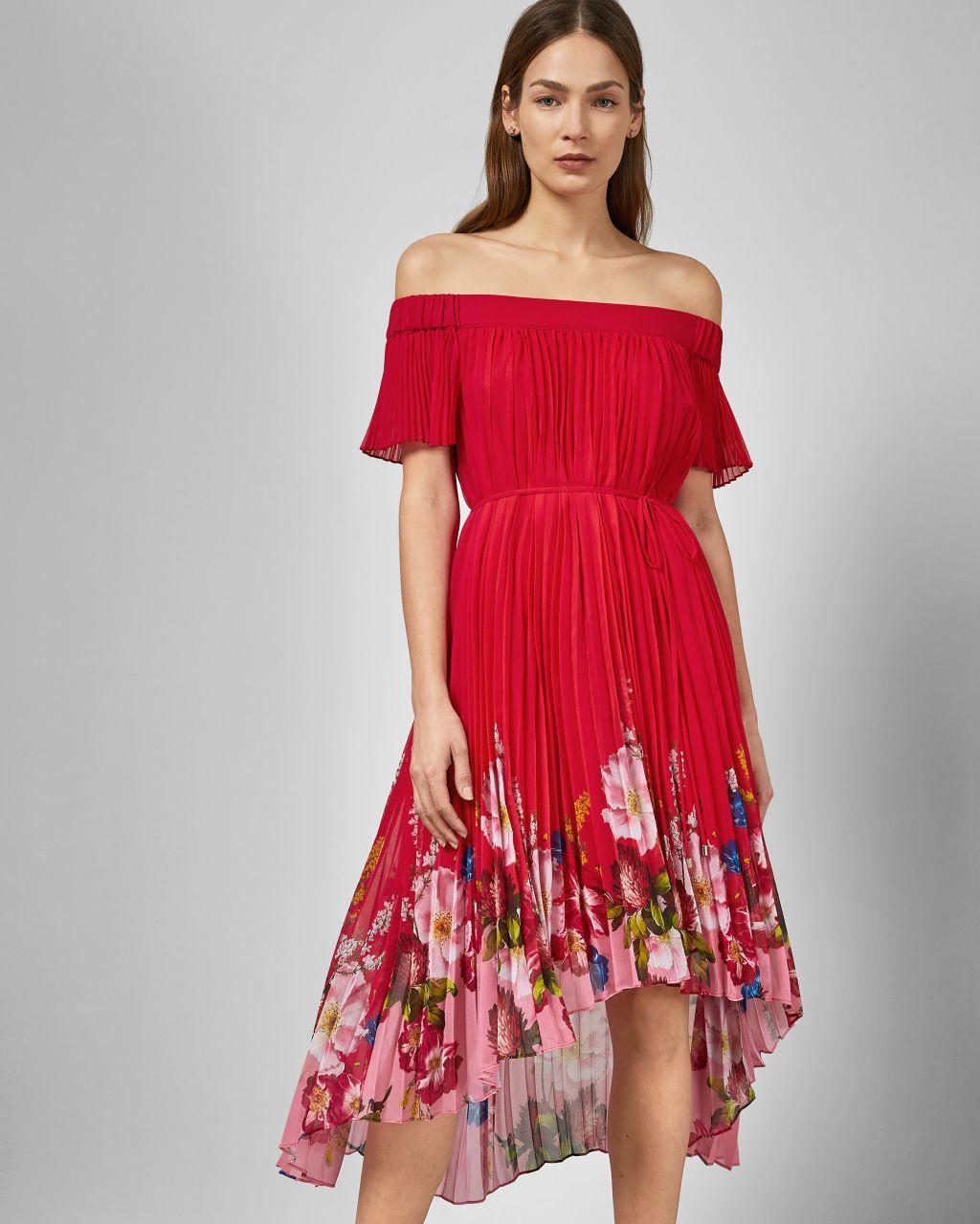 Ted Baker Berry Sundae Bardot Floral Off-the-shoulder Pleated High-low Dress  in Red | Lyst Canada