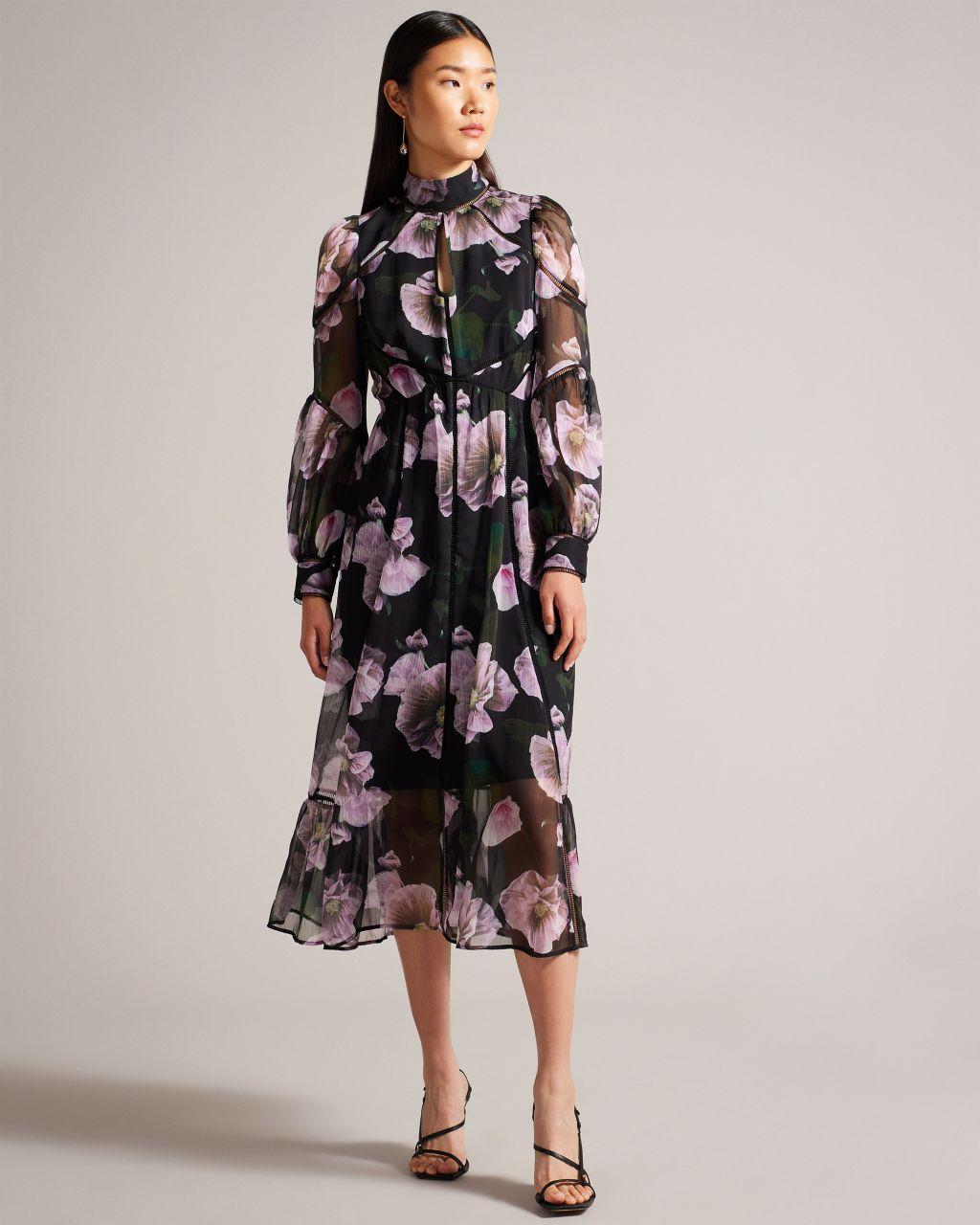 Ted Baker Floral Midi Dress With Ladder Lace in Black | Lyst