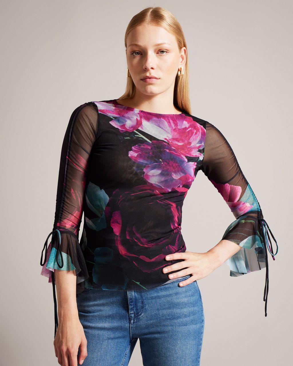 Ted Baker Floral Mesh Top With Fluted Sleeve in Purple Lyst