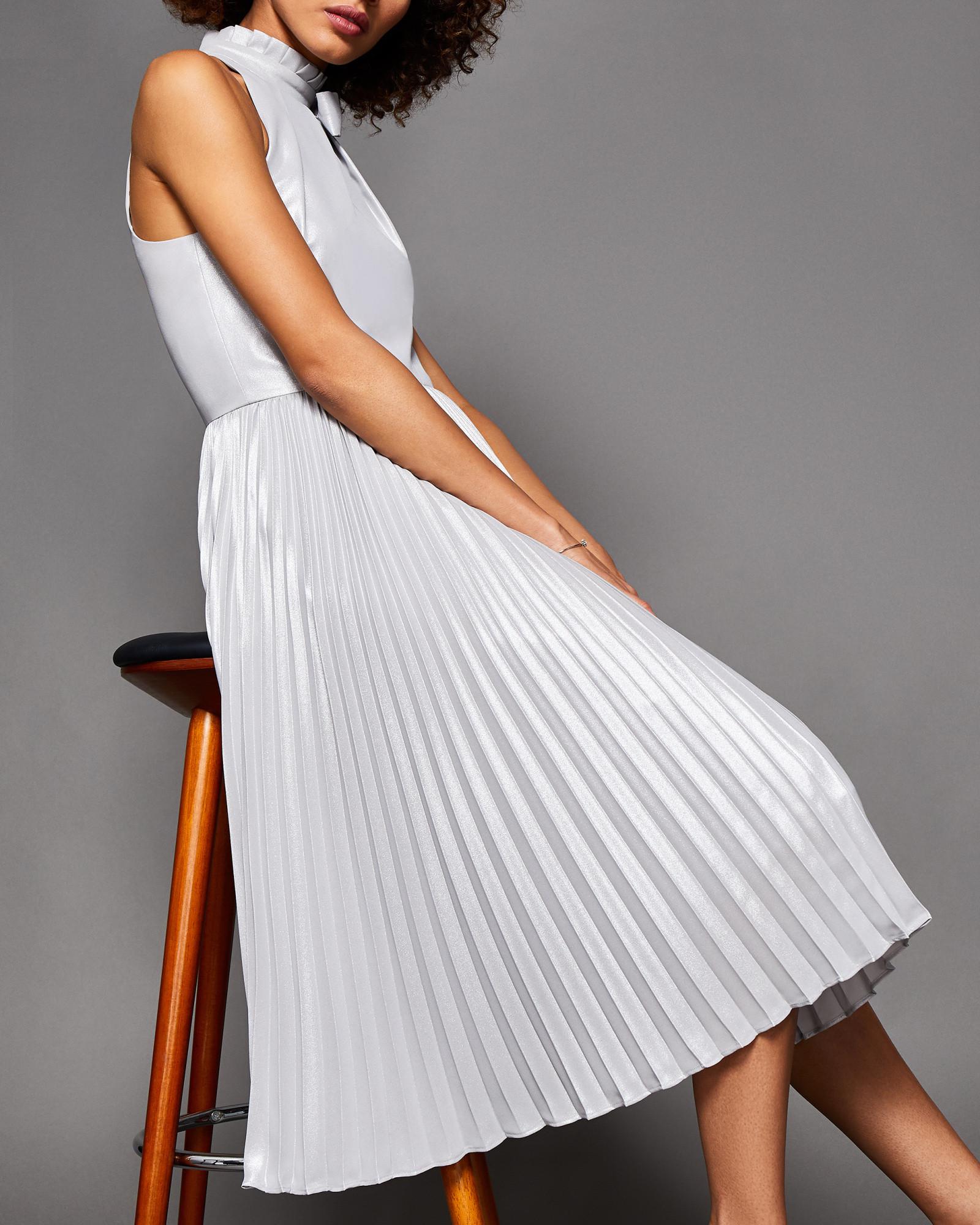 high neck pleated midi dress