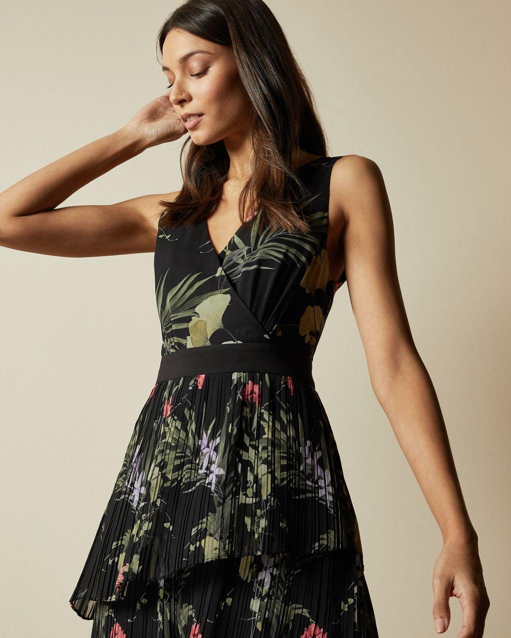 Ted Baker Highland Tiered Pleated Midi Dress in Black | Lyst