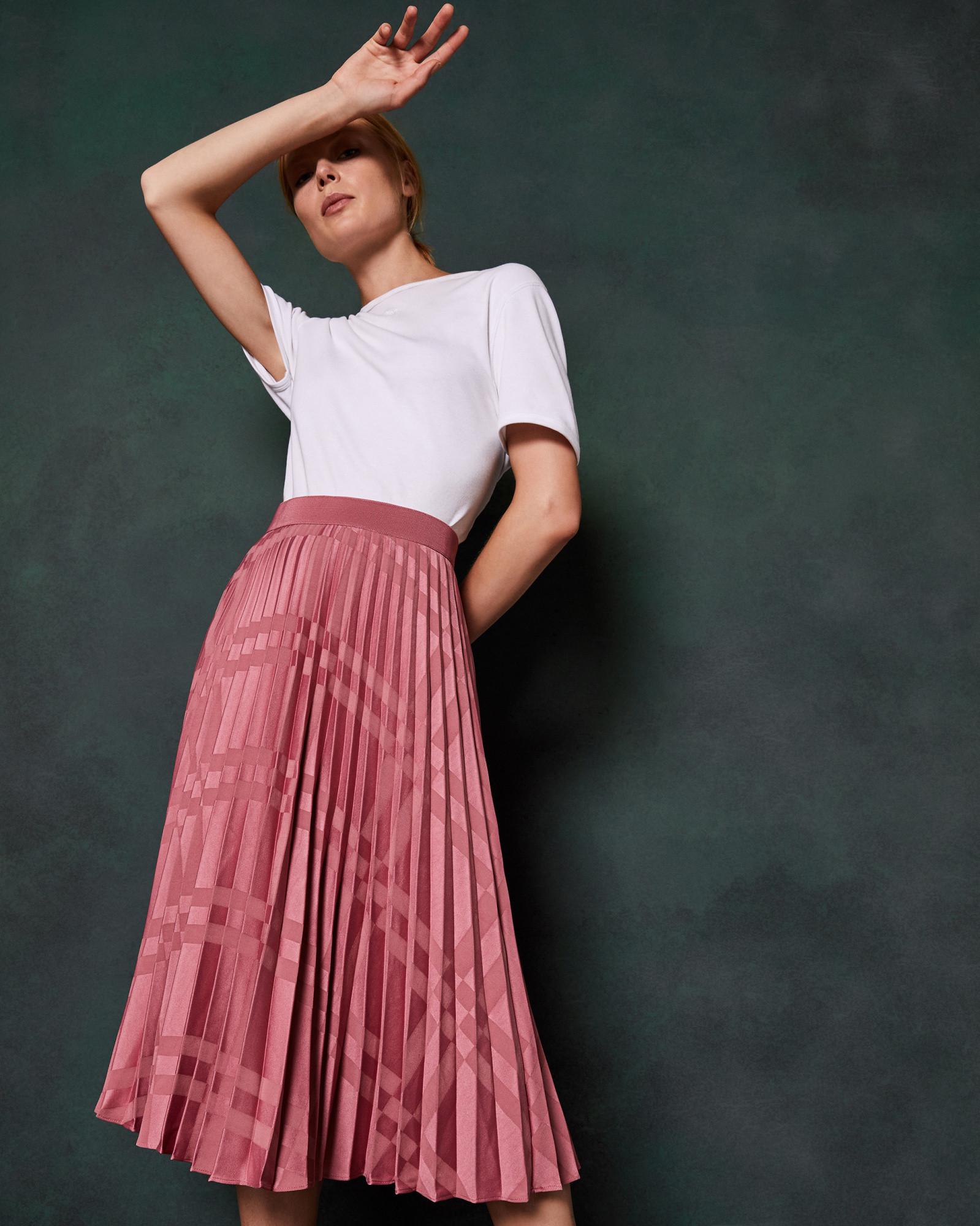 Ted Baker Pleated Satin Midi Skirt in Pink | Lyst UK