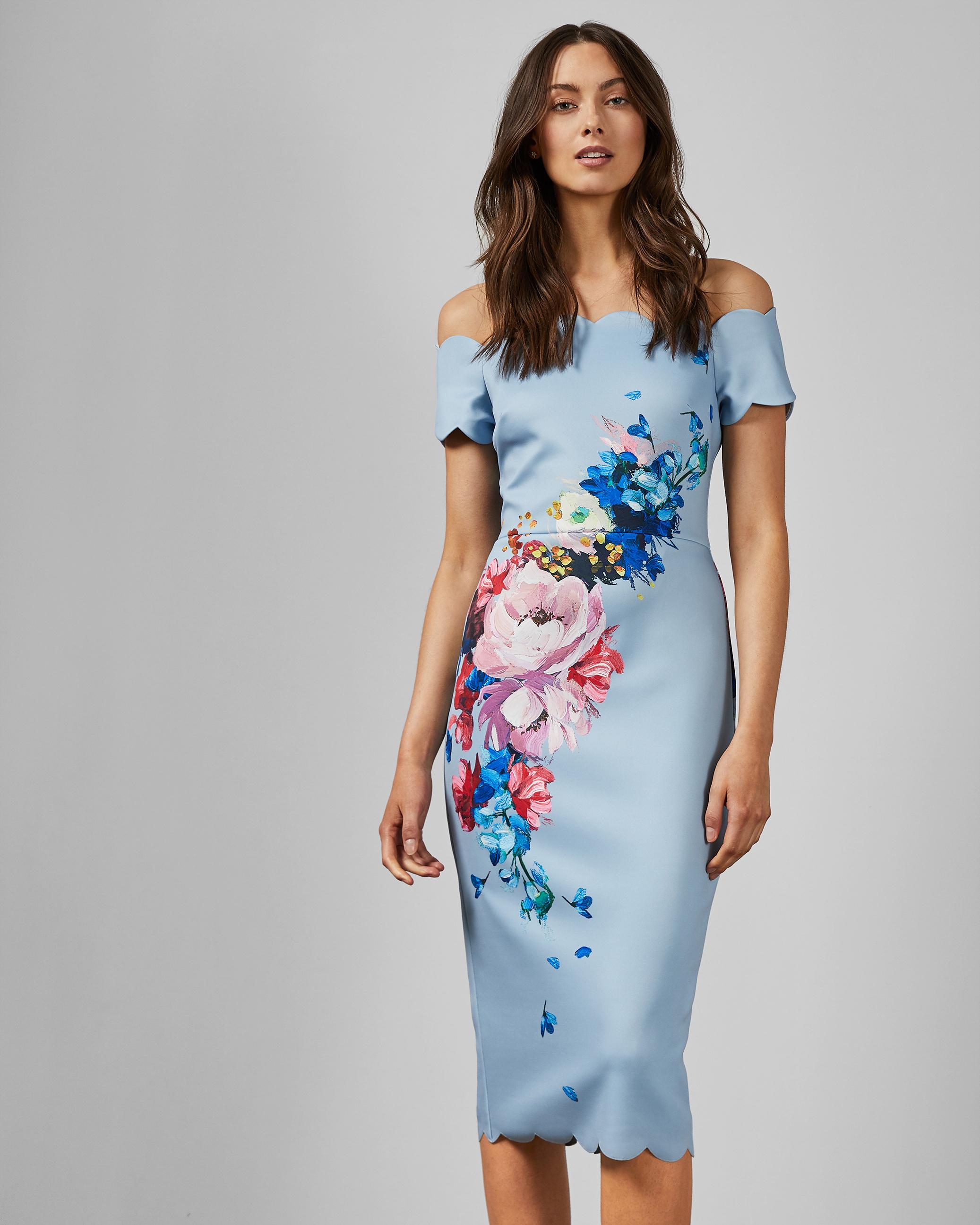 Ted Baker Raspberry Ripple Bardot Floral Off-the-shoulder Short-sleeve  Scallop Dress in Blue | Lyst Australia