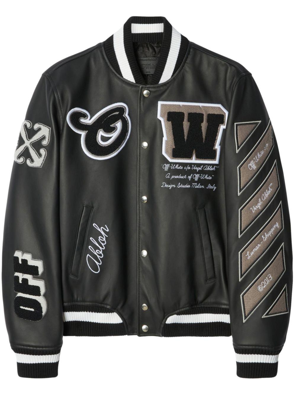 Off-White c/o Virgil Abloh Leather Varsity Jacket in Gray for Men