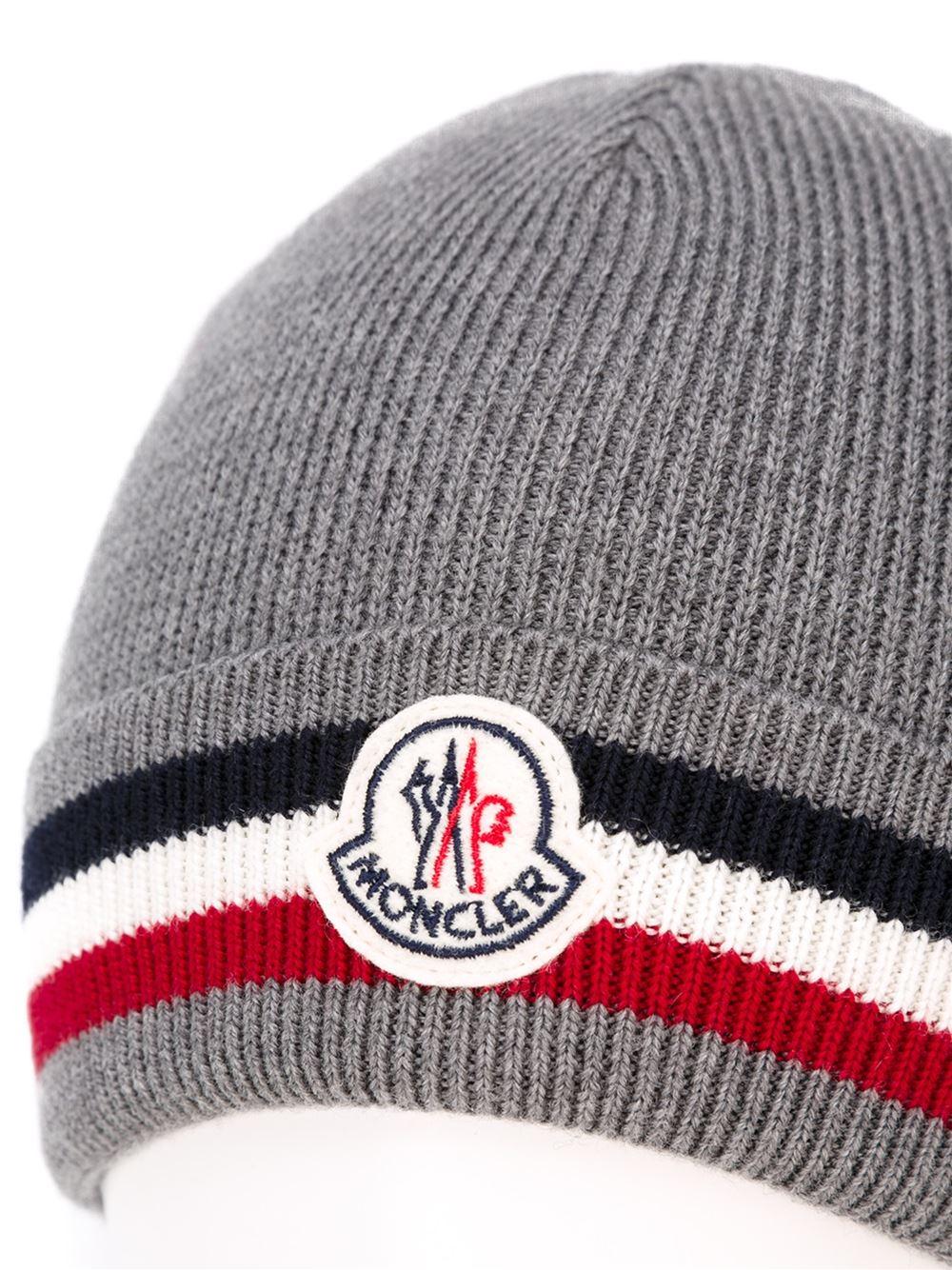 Moncler Striped Wool Beanie Hat in Grey 
