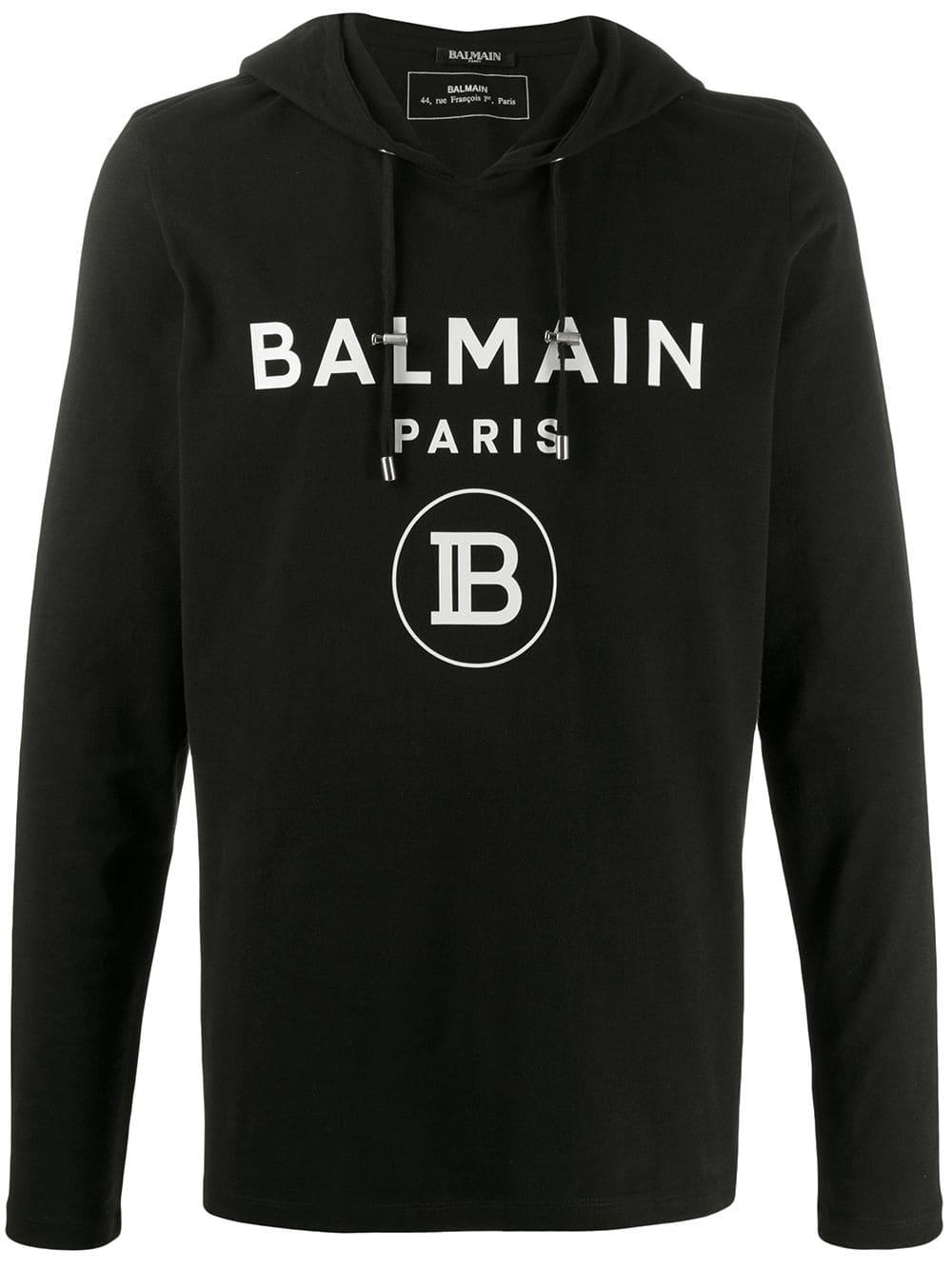Balmain Cotton Hooded Long Sleeve T-shirt in Black for Men - Lyst