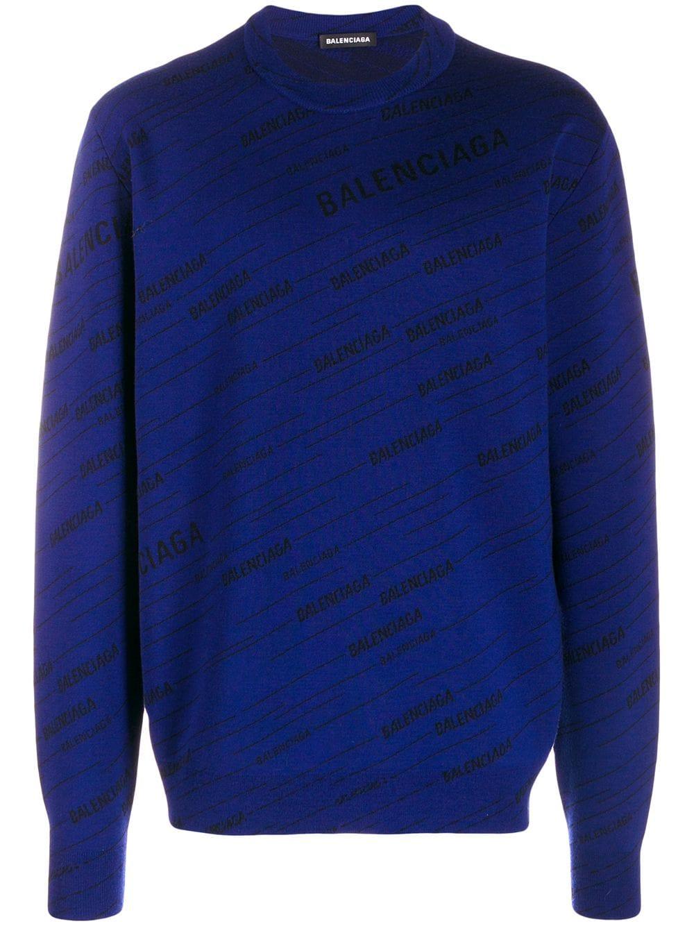 Balenciaga Jacquard Sweater With Diagonale Logo In Wool Blend in Blue ...