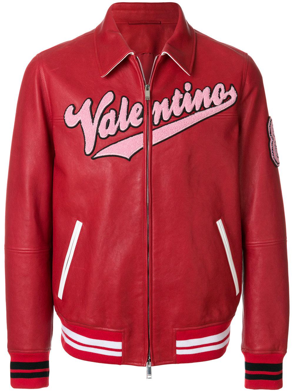Valentino Logo-appliquéd Leather Varsity Jacket in Red for Men - Lyst