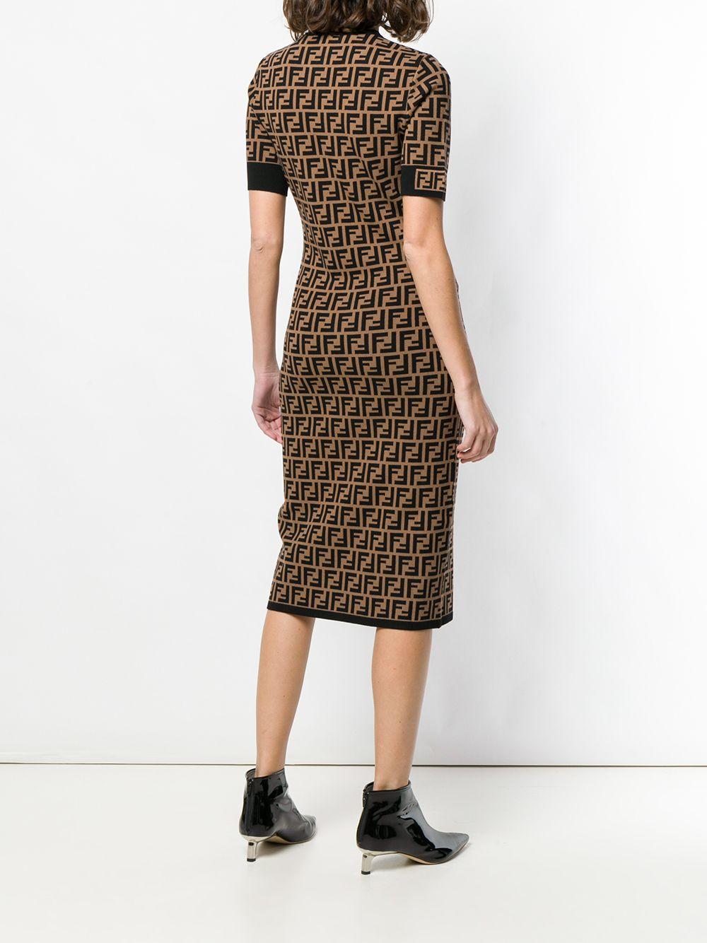 Fendi Ff Logo Print Fitted Dress in Brown | Lyst