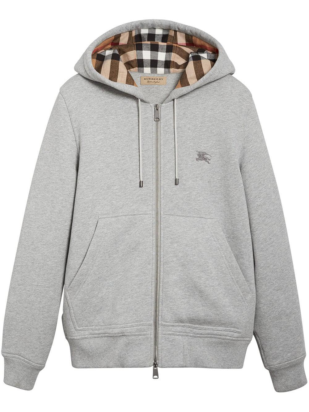 Burberry Cotton Check Detail Hooded Sweatshirt in Pale Grey Melange (Gray)  for Men | Lyst