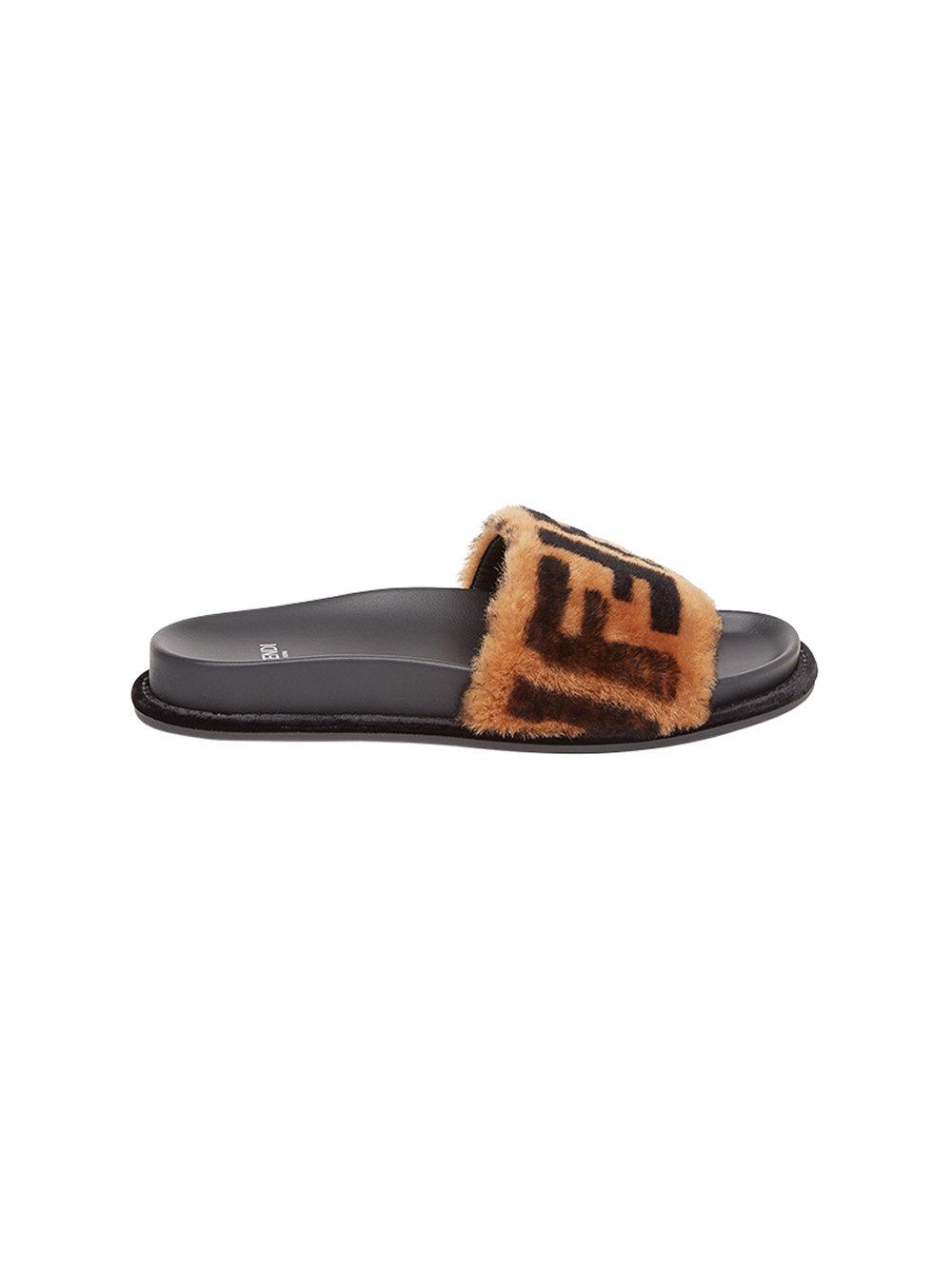 Fendi Leather Shearling Slippers in Brown - Lyst