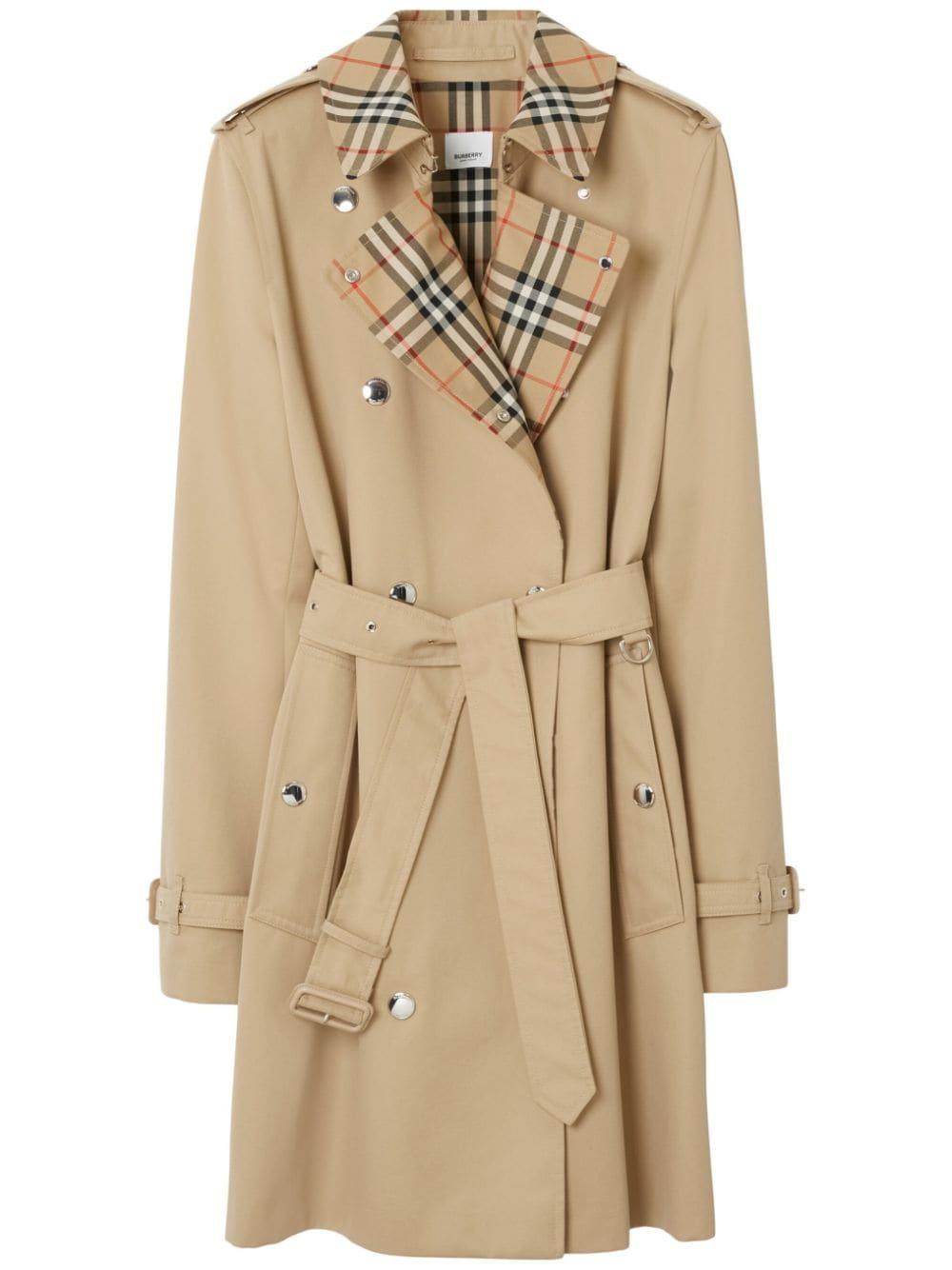 vintage check panel cotton gabardine trench coat